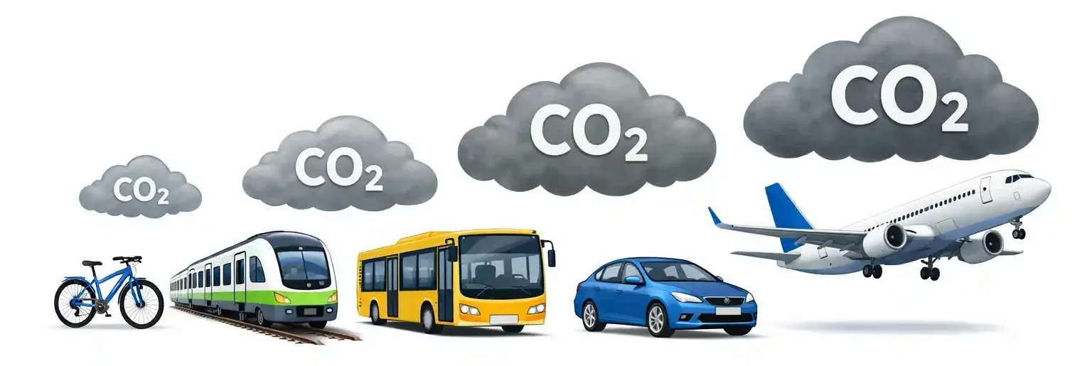Illustration verschiedener Verkehrsmittel (Fahrrad, Bahn, Bus, Auto und Flugzeug), die nebeneinander dargestellt sind. Über jedem Verkehrsmittel schwebt eine graue CO₂-Wolke, deren Größe von links nach rechts zunimmt und den steigenden CO₂-Ausstoß symbolisiert.