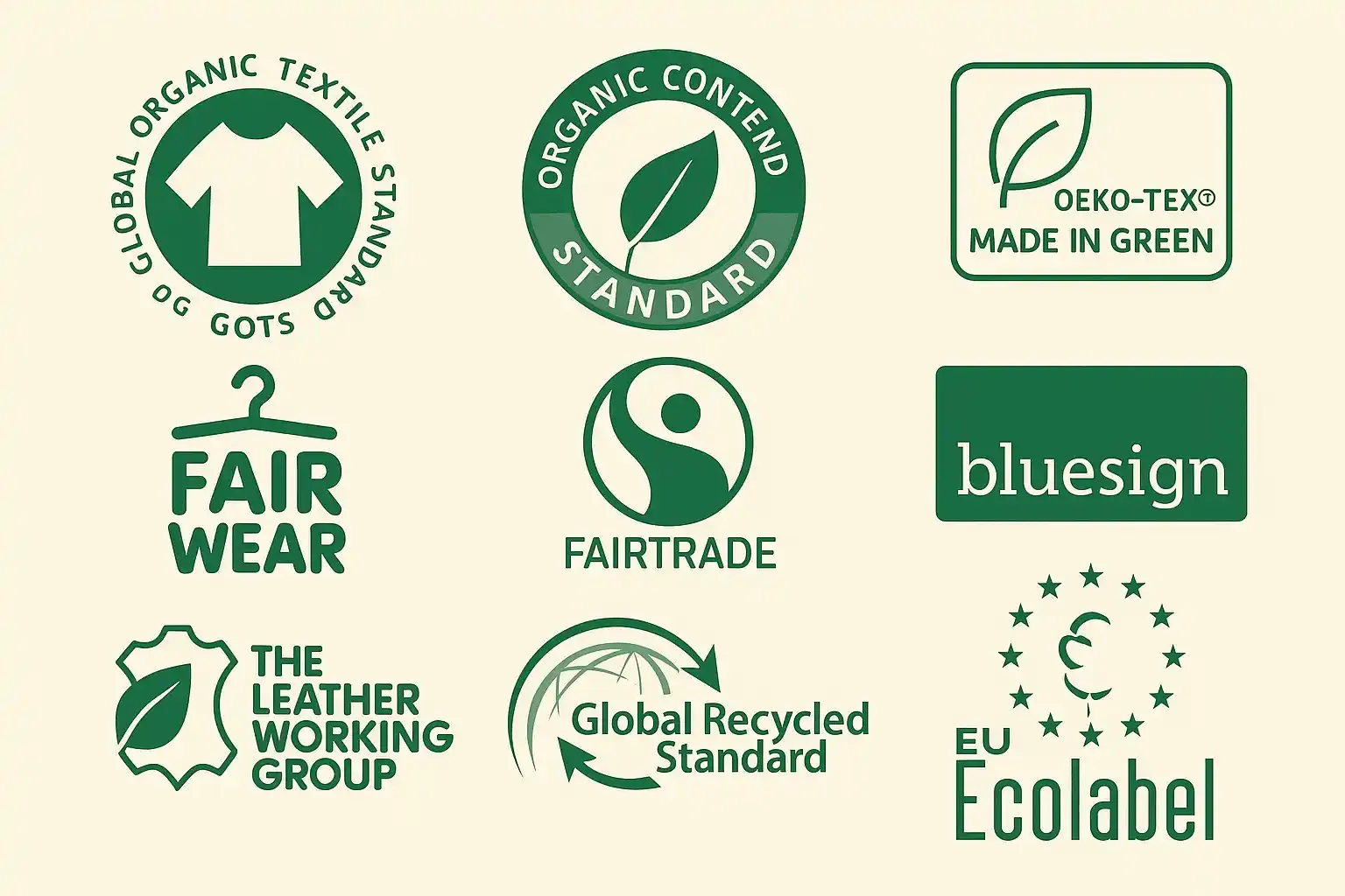 Übersicht verschiedener Textilsiegel und Nachhaltigkeitszertifikate, in einem minimalistischen Raster dargestellt. Die Symbole zeigen bekannte ökologische und soziale Standards wie GOTS, Fairtrade und EU Ecolabel in harmonischen Grüntönen auf hellem Hintergrund.