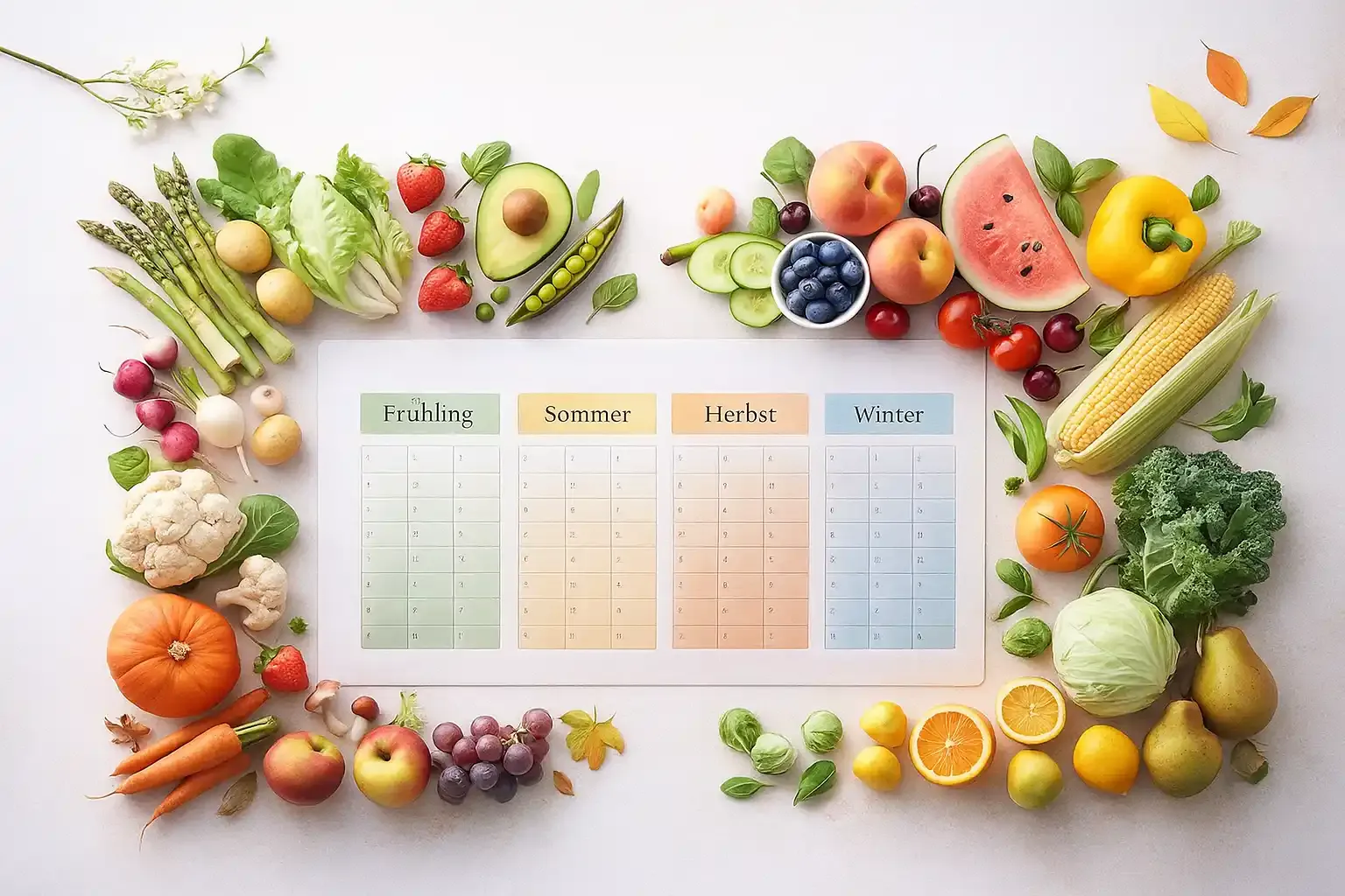 Eine helle, freundliche Draufsicht auf einen Saisonkalender für 2025, der von frischem Obst und Gemüse der vier Jahreszeiten umrahmt wird. Links liegen typische Frühlingszutaten wie Spargel, Radieschen und Salat; oben befinden sich sommerliche Früchte wie Erdbeeren, Wassermelone und Beeren; rechts stehen Herbst- und Wintergemüse wie Kürbis, Kohl, Mais und Zitrusfrüchte. In der Mitte befindet sich ein pastellfarbener Kalender in vier Spalten: Frühling, Sommer, Herbst und Winter.