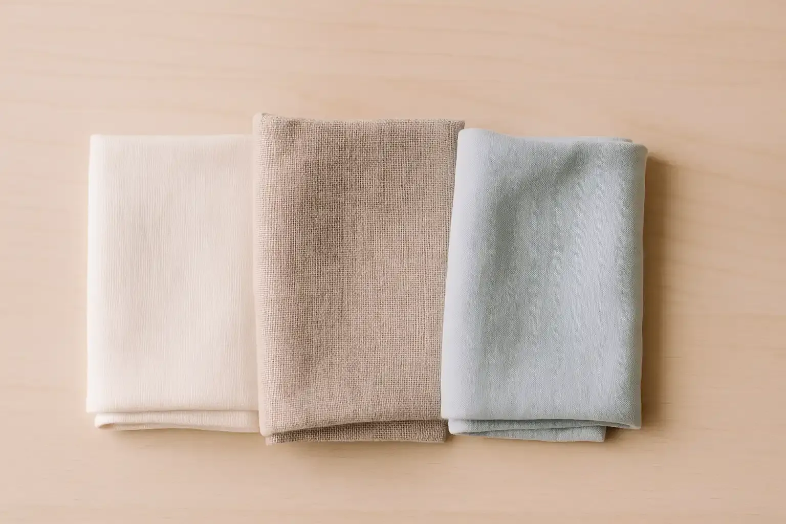 Verschiedene nachhaltige Stoffe aus Bio-Baumwolle, Leinen und TENCEL, nebeneinander gefaltet auf hellem Holzuntergrund, minimalistisch arrangiert bei weichem, pastellfarbenem Licht mit natürlichen Farbtönen im Querformat.