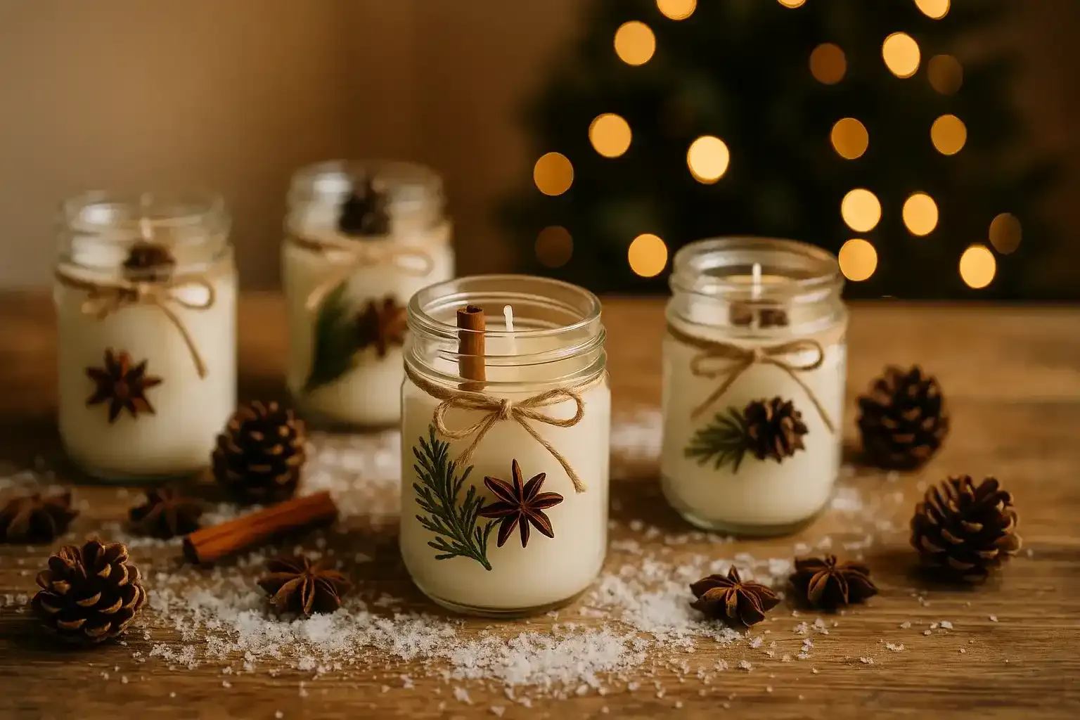 Selbstgemachte Duftkerzen in Einmachgläsern, dekoriert mit Naturmaterialien wie Tannenzweigen, Zimtstangen, Sternanis und Kordel, arrangiert auf einer Holzoberfläche mit weihnachtlicher Stimmung, warmem Licht und sanfter Hintergrundunschärfe im Querformat.
