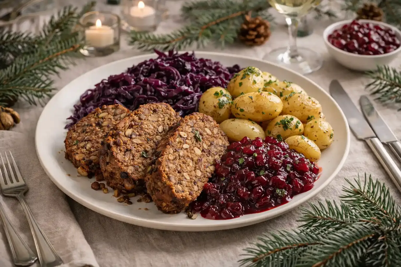 Ein angerichteter Nussbraten liegt auf einem Teller mit Rotkohl, Kartoffeln und Preiselbeeren; der Tisch ist mit Tannenzweigen dekoriert.