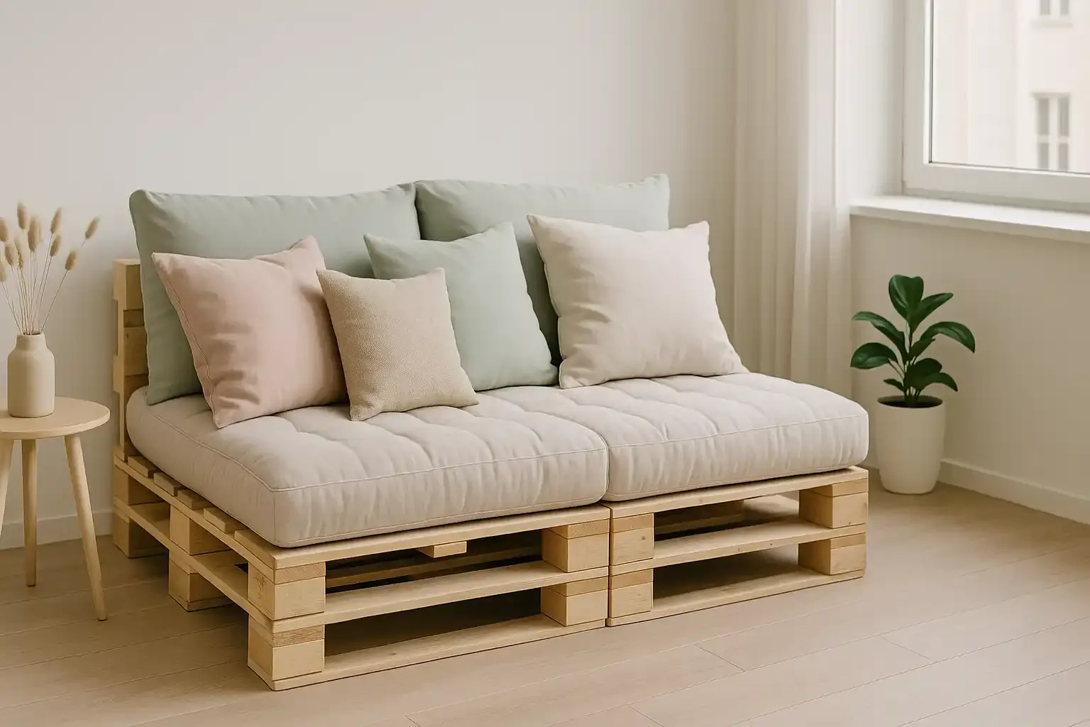 Ein kreatives Sofa aus hellen Holzpaletten steht in einem minimalistischen Wohnzimmer. Darauf liegen weiche Polster in Beige sowie Kissen in Pastelltönen wie Rosa, Grün und Creme. Rechts steht eine kleine grüne Zimmerpflanze, links ein runder Holztisch mit einer Vase voller getrockneter Gräser. Natürliches Tageslicht fällt durch ein großes Fenster und erzeugt eine ruhige, helle Atmosphäre.