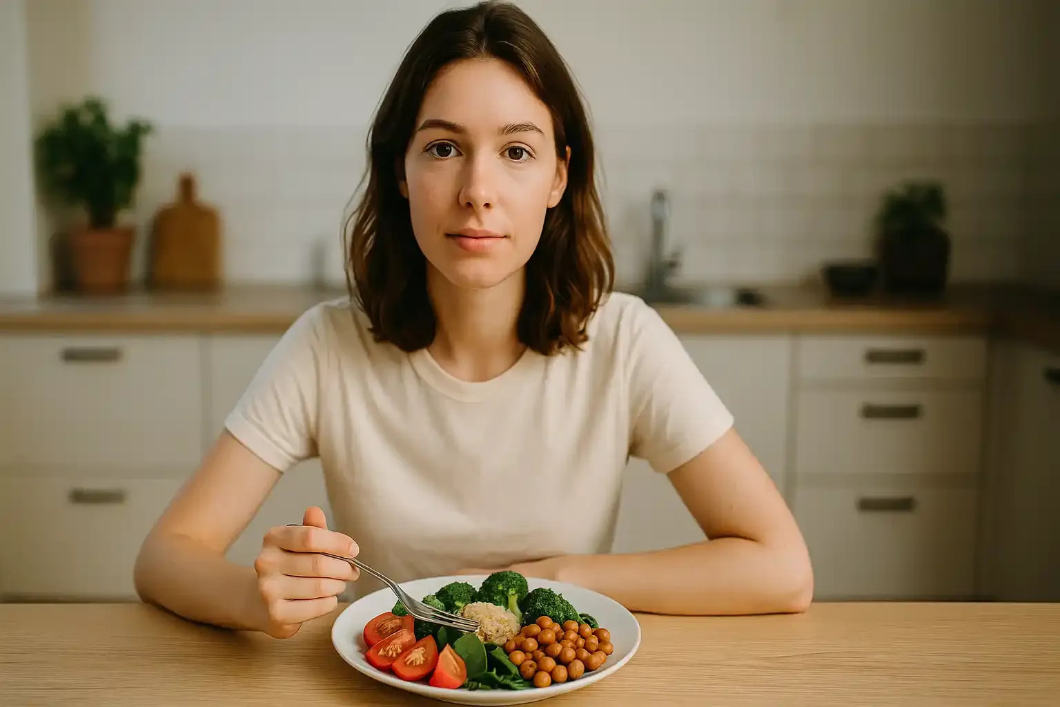 Junge Frau in einer hellen, natürlichen Umgebung mit frischen pflanzlichen Lebensmitteln, aufgenommen im modernen Editorial-Stil bei weichem Tageslicht.