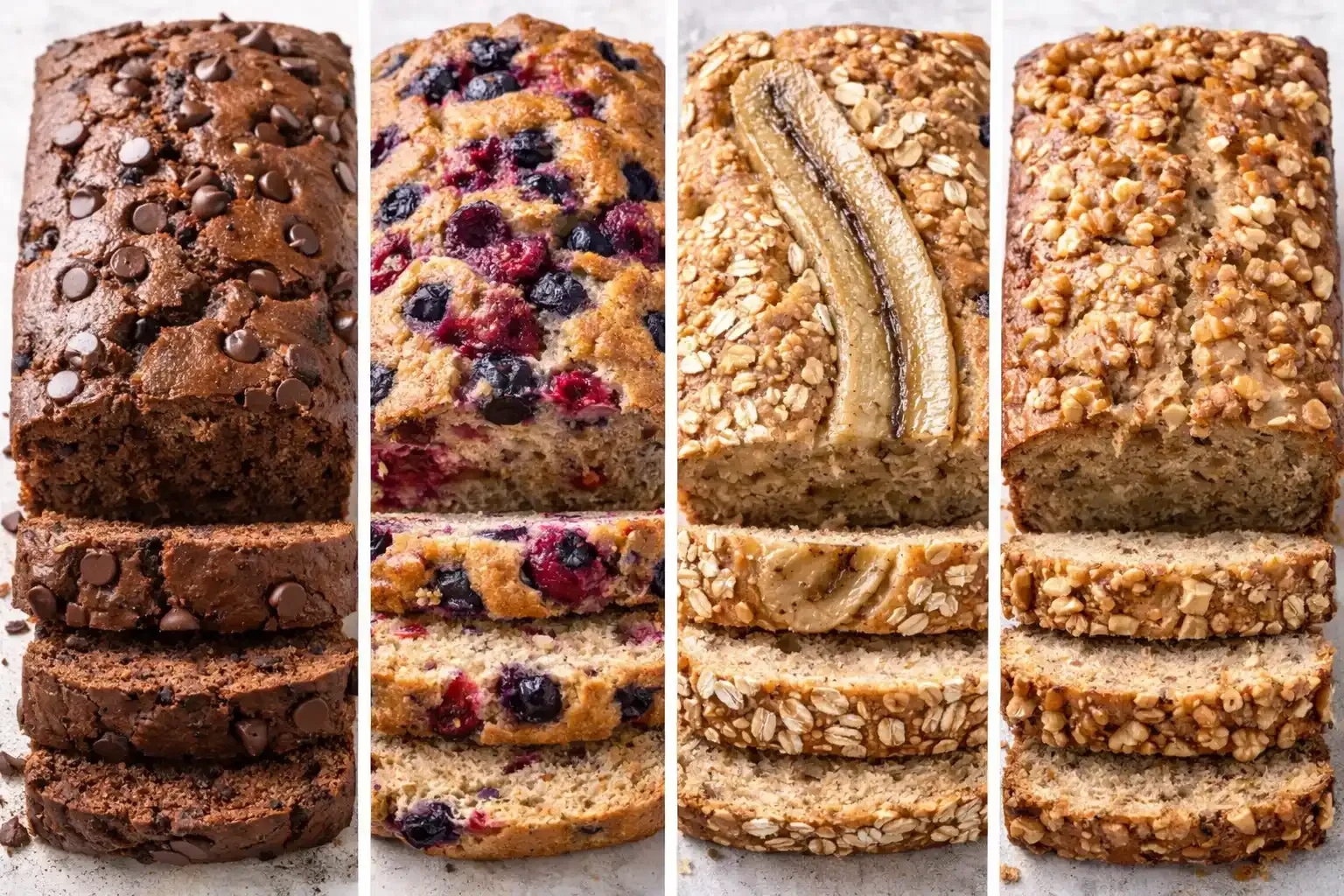 Mehrere Bananenbrot-Varianten stehen nebeneinander; die Oberflächen unterscheiden sich durch Zutaten wie Schokolade, Beeren, Nüsse und andere Toppings.