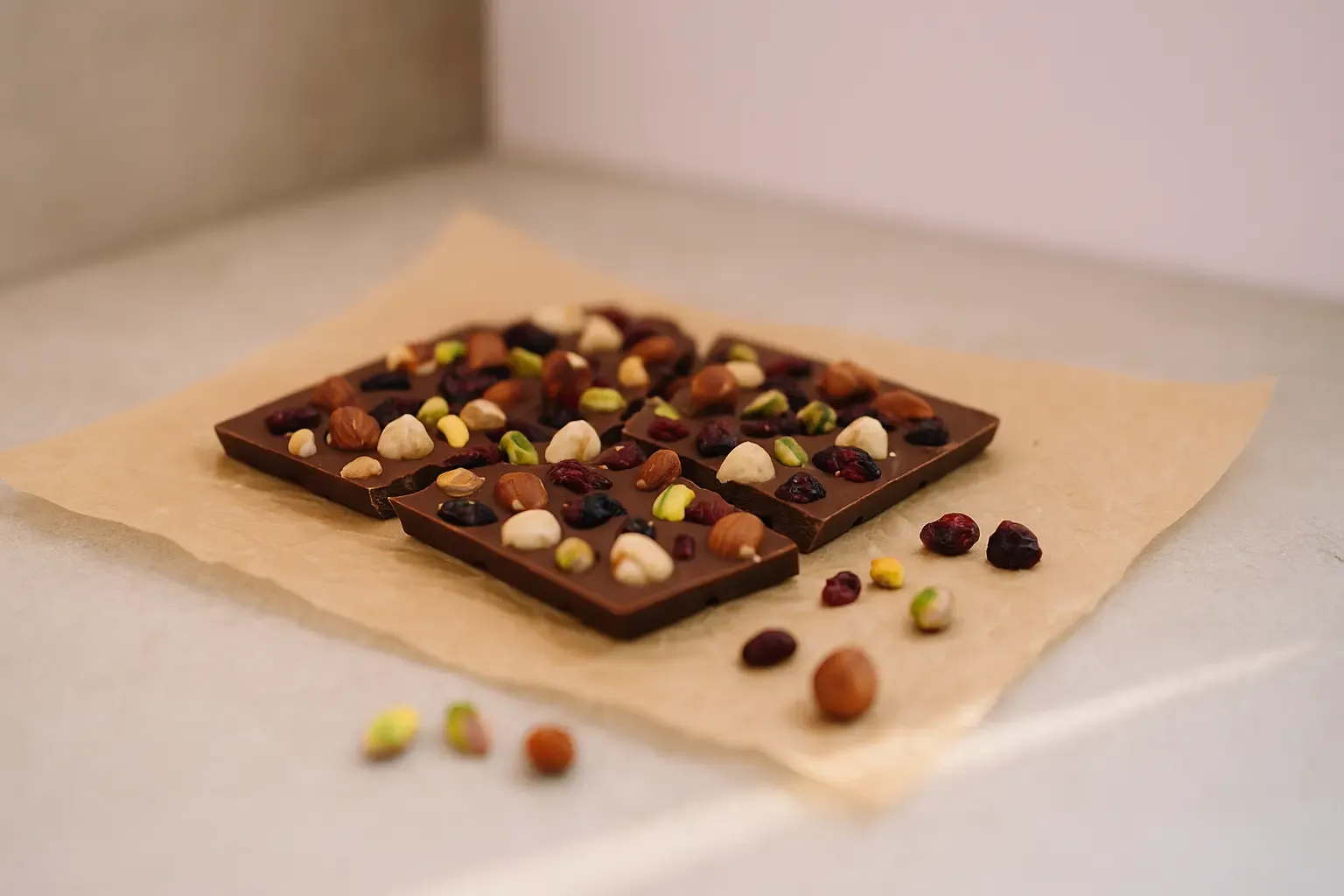 Fertige Bruchschokolade auf Backpapier, belegt mit Nüssen und getrockneten Früchten, in einer modernen, hellen Umgebung mit pastellfarbenem Hintergrund, aufgenommen im Querformat bei natürlichem, weichem Licht und leichter Hintergrundunschärfe.