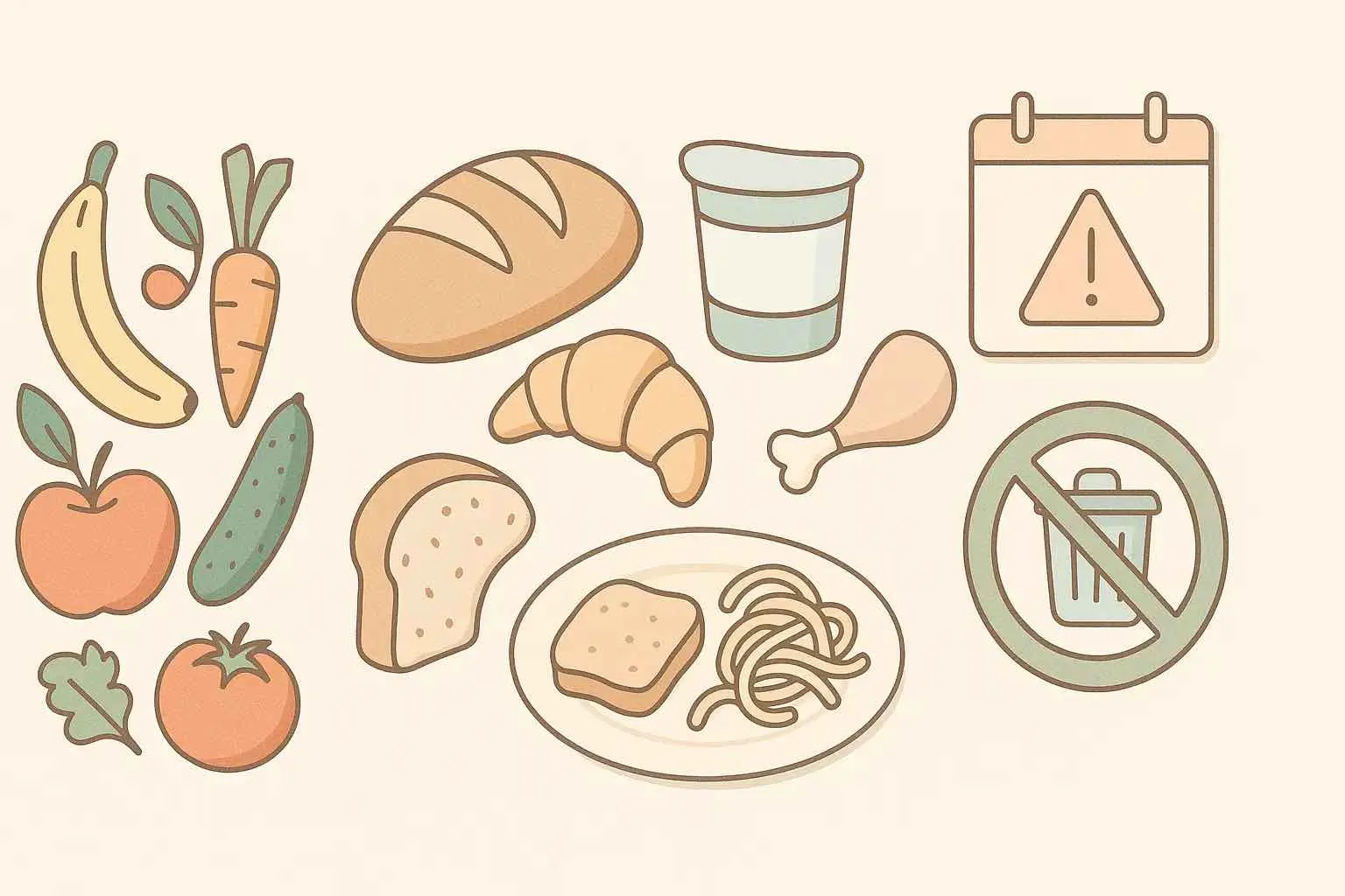 Pastellfarbene, minimalistische Illustration verschiedener Lebensmittel, die in Deutschland besonders häufig weggeworfen werden: Obst und Gemüse wie Banane, Apfel, Karotte, Gurke und Tomate, daneben Brot, Croissant und Joghurtbecher. Auf einem Teller liegen Brotreste und Spaghetti. Ergänzt wird das Motiv durch ein Warnkalender-Symbol und ein durchgestrichenes Mülleimer-Symbol als Hinweis auf Lebensmittelverschwendung.
