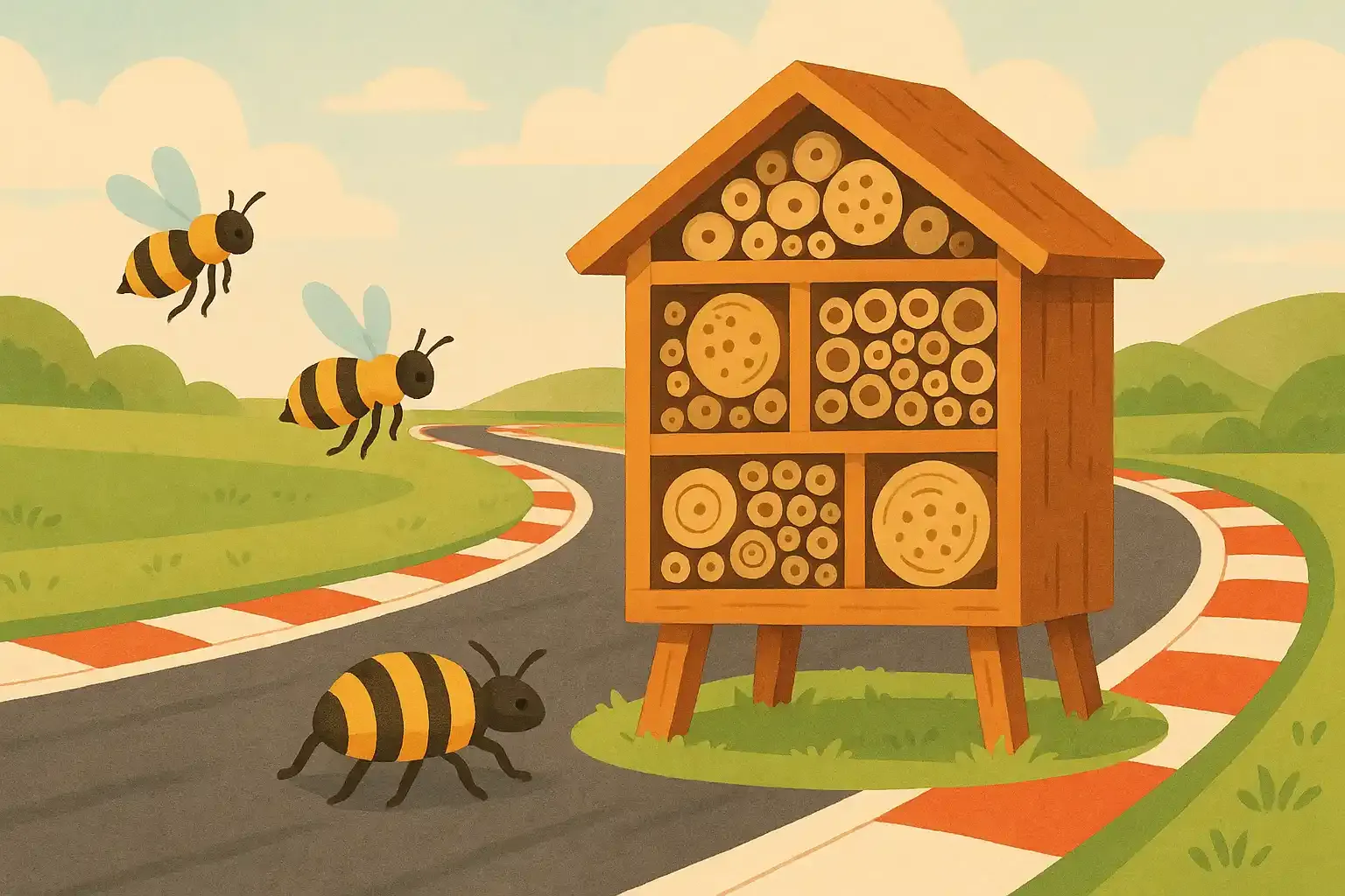 Illustration eines hölzernen Insektenhotels an einer Rennstrecke, umgeben von schwarz-gelben Käfern und fliegenden Bienen; freundlicher, pastellfarbener Stil mit weicher, harmonischer Lichtstimmung.