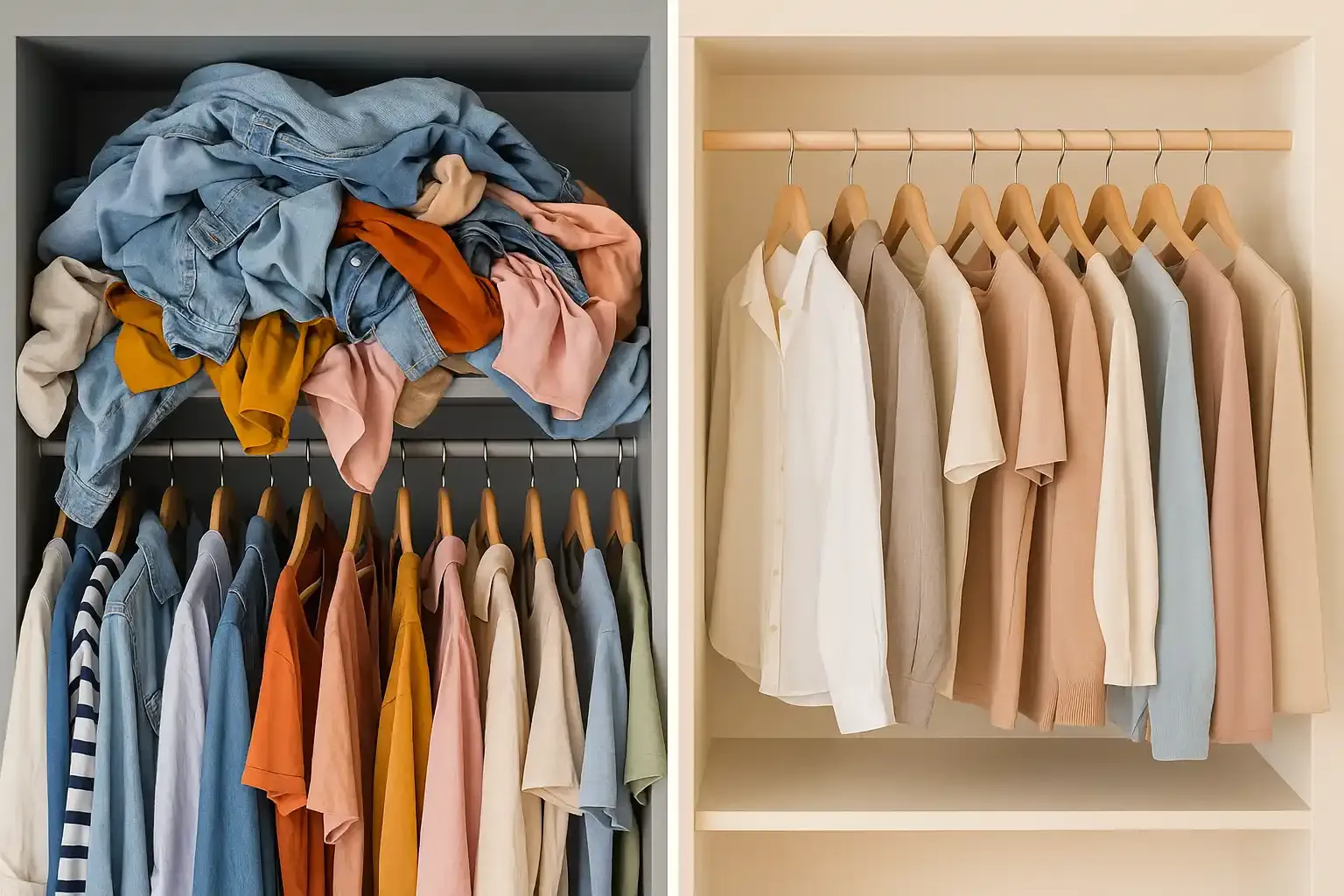 Split-Screen-Darstellung eines Kleiderschranks: links ein überfüllter, grauer Fast-Fashion-Kleiderschrank mit chaotisch gestapelter Kleidung, rechts eine aufgeräumte Capsule Wardrobe mit wenigen hochwertigen Kleidungsstücken in ruhigen Pastellfarben, klar getrennt und kontrastreich inszeniert.