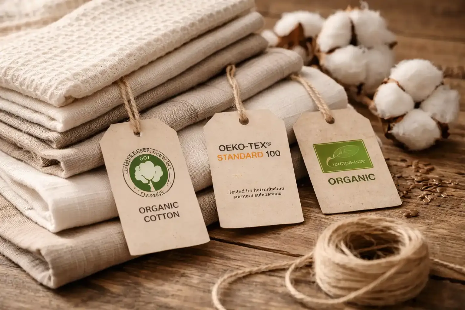 Nahaufnahme von gefalteter Bio-Baumwolle und Leinen in natürlichen Beigetönen auf Holzuntergrund, ergänzt durch Textilsiegel-Etiketten und natürliche Pflanzenfasern.