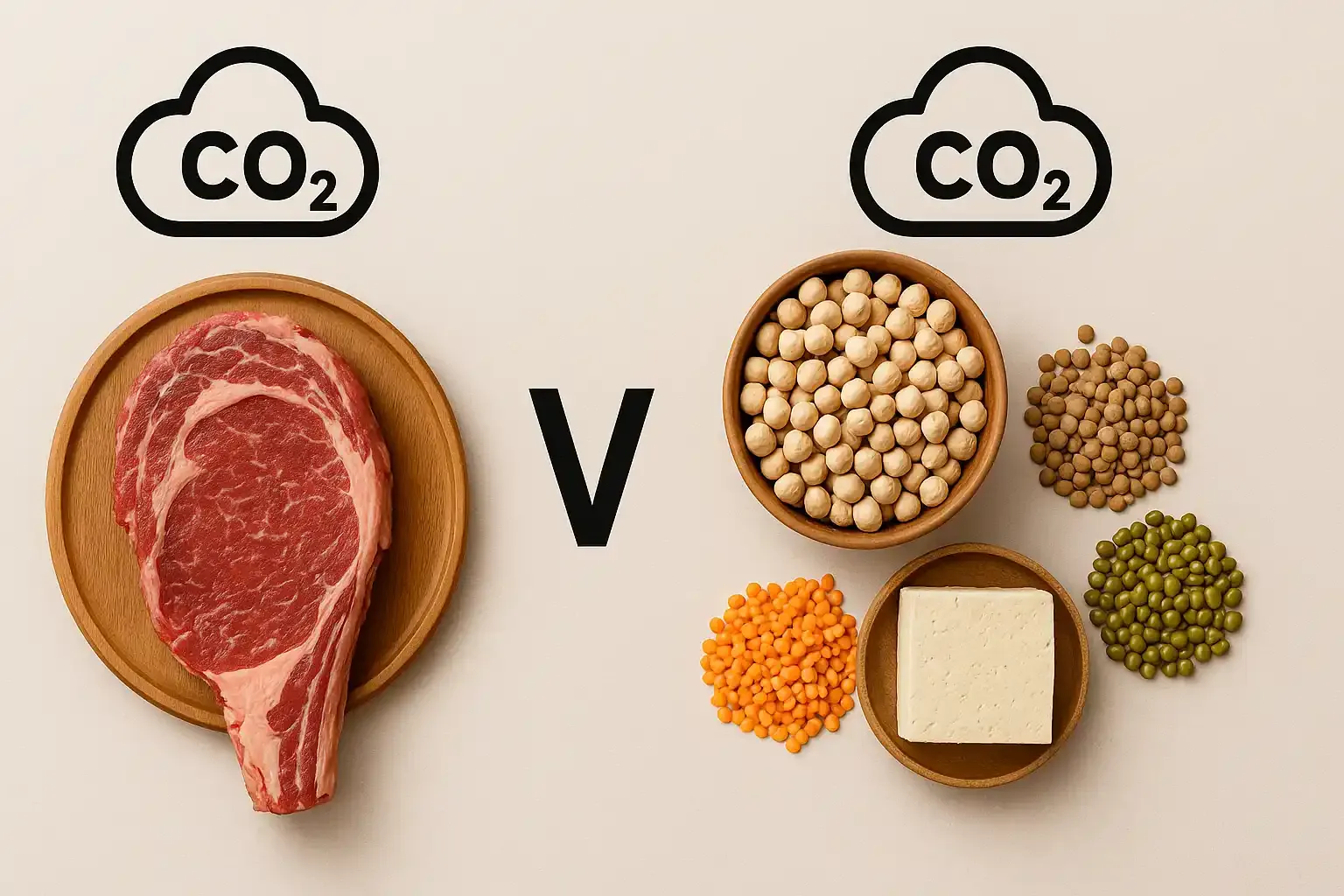Gegenüberstellung von tierischer und pflanzlicher Proteinquelle: links ein rohes Steak auf Holzbrett mit CO₂-Symbol, rechts Hülsenfrüchte und Tofu in Schalen mit CO₂-Symbol, minimalistische Darstellung auf hellem Hintergrund.