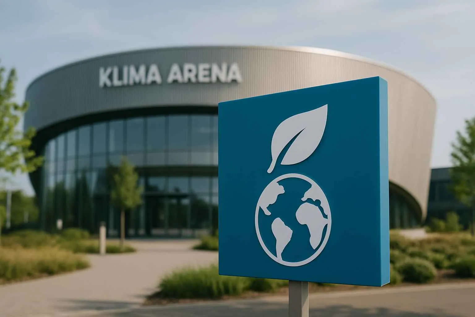 Fotorealistisches Querformat-Foto der Klima Arena Sinsheim von außen mit moderner, geschwungener Fassade im Hintergrund. Im Vordergrund ein stilisiertes Klimaschutz-Symbol mit Globus und Blatt auf einem schlichten Schild, aufgenommen bei natürlichem, weichem Tageslicht mit sanften Schatten und dezenter Tiefenunschärfe, im modernen, hochwertigen Editorial-Stil.