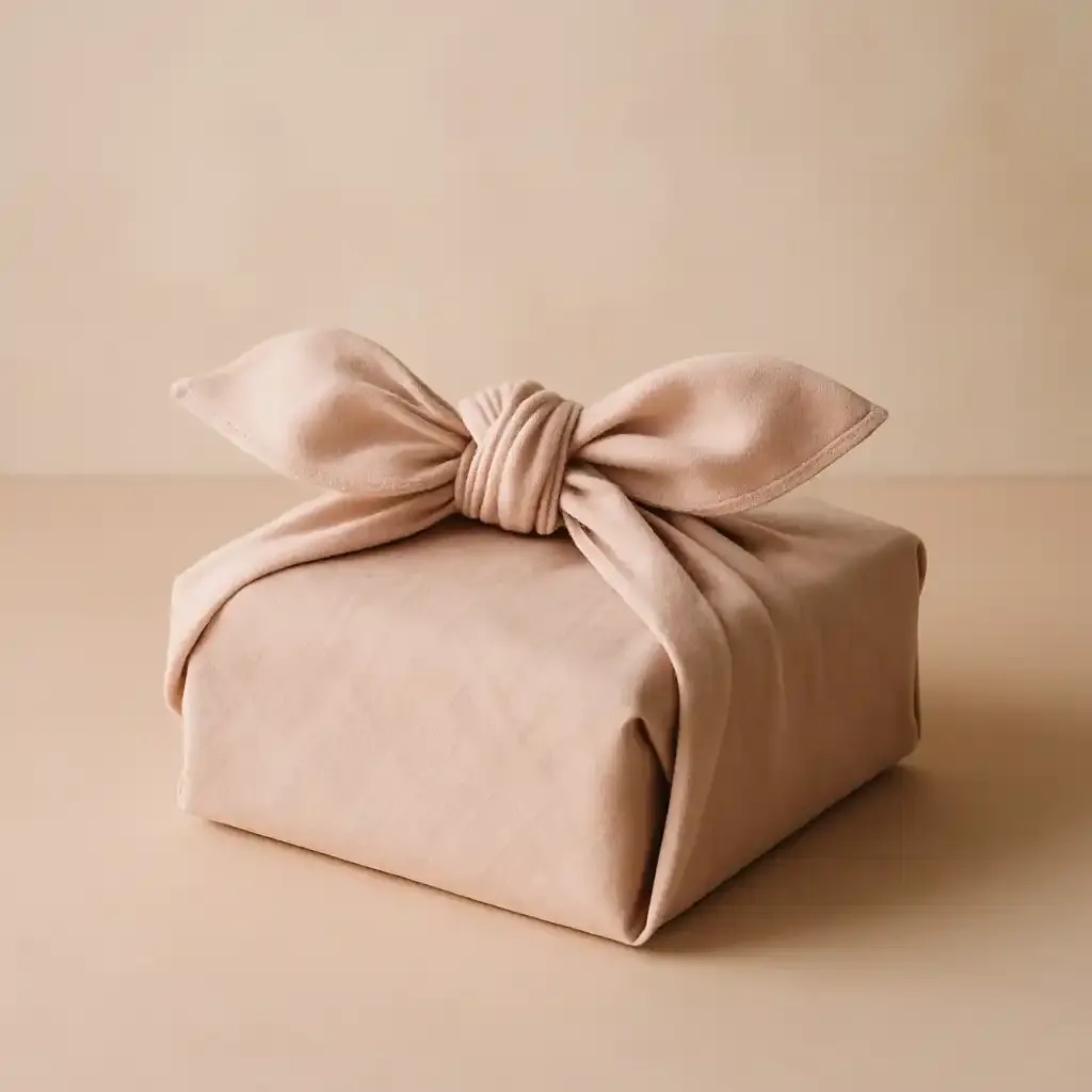 Ein nachhaltig verpacktes Geschenk, umhüllt mit einem roséfarbenen Furoshiki-Tuch, kunstvoll verknotet und minimalistisch vor einem sanften beige­farbenen Hintergrund arrangiert; die Szene wirkt warm, modern und zeigt eine plastikfreie Alternative zum Geschenke nachhaltig verpacken.