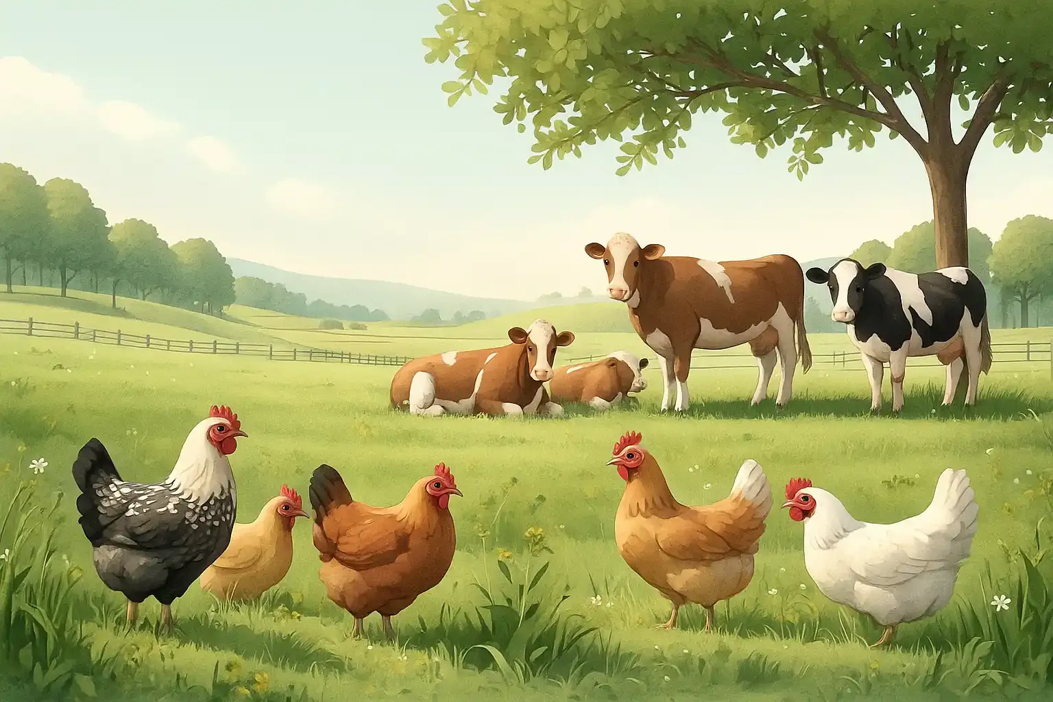 Illustration einer friedlichen Weidelandschaft mit mehreren braun-weißen und schwarz-weißen Kühen, die liegend oder stehend im Gras entspannen. Im Vordergrund laufen sechs unterschiedlich gefärbte Hühner über eine blühende Wiese. Ein großer Baum spendet Schatten, im Hintergrund sind Hügel, Zäune und eine Baumreihe zu sehen.