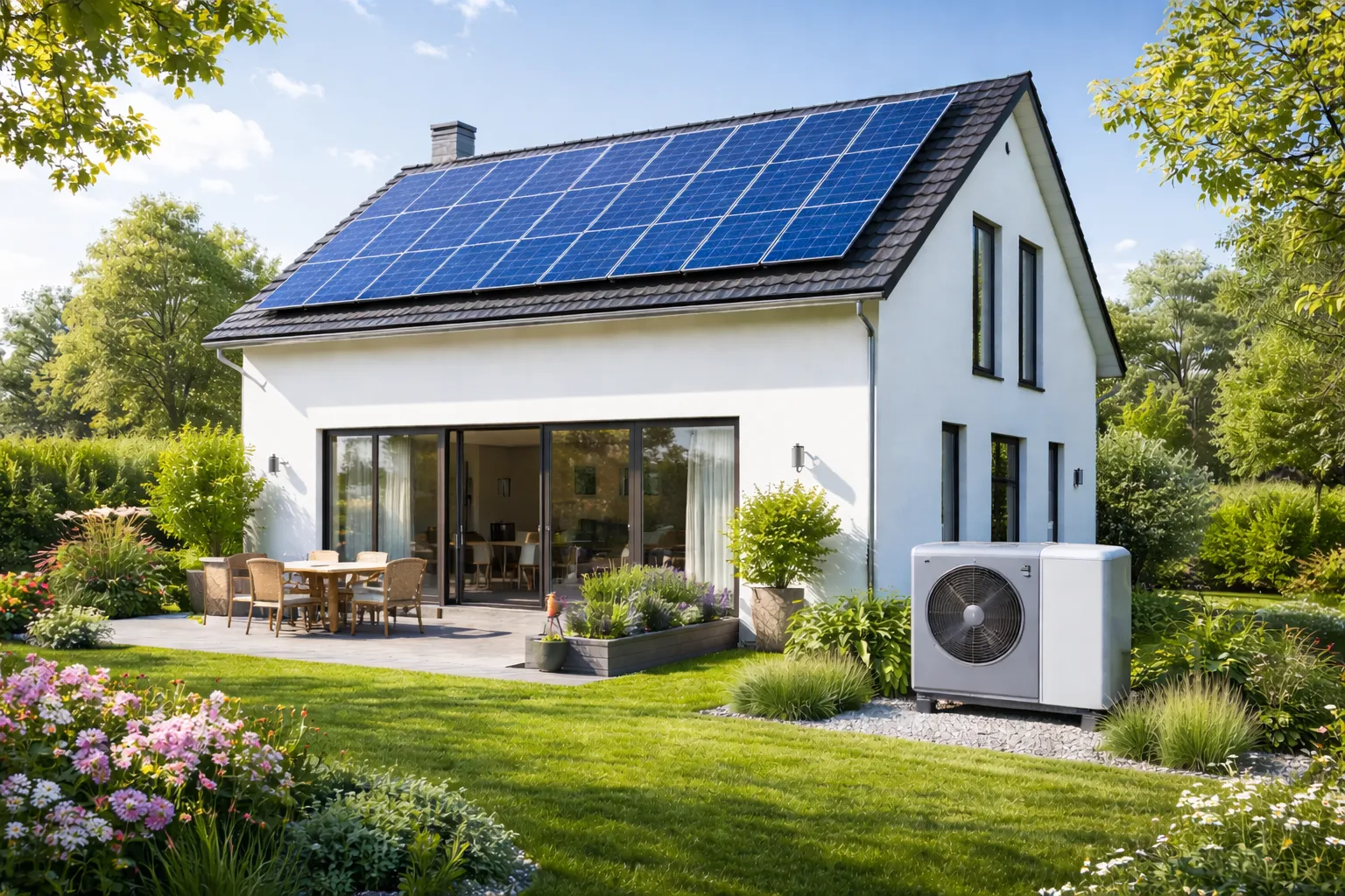 Modernes Einfamilienhaus mit weißer Fassade und Solaranlage auf dem Dach; im Vorgarten steht eine Wärmepumpe, umgeben von grünem Rasen, Sträuchern und blühenden Pflanzen an einem sonnigen Tag.