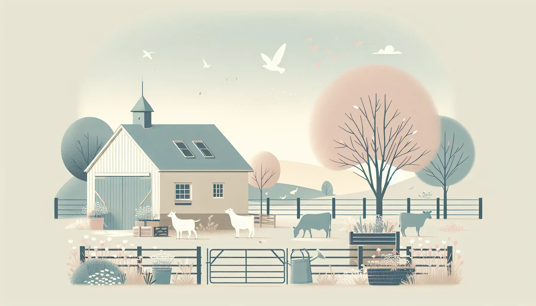 Das Bild zeigt einen stilisierten Bauernhof mit einem hellen Scheunengebäude. Kühe und Ziegen grasen auf der Wiese. Im Hintergrund sind Bäume und ein sanfter Sonnenuntergang zu sehen.