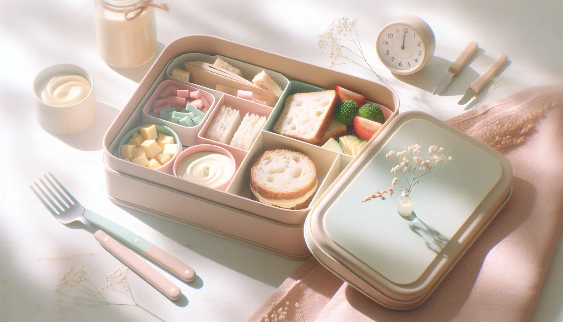 Das Bild zeigt eine stilvolle Brotdose in sanften Farben. Sie enthält verschiedene Snacks wie Obst, Käse und Sandwiches. Neben der Dose liegen Besteck und ein kleiner Wecker.