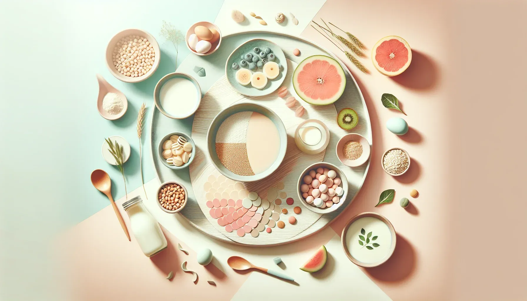 Das Bild zeigt eine stilvolle Anordnung von Lebensmitteln auf einem runden Teller. Es sind verschiedene gesunde Zutaten wie Obst, Nüsse und Milchprodukte in sanften Farben zu sehen.