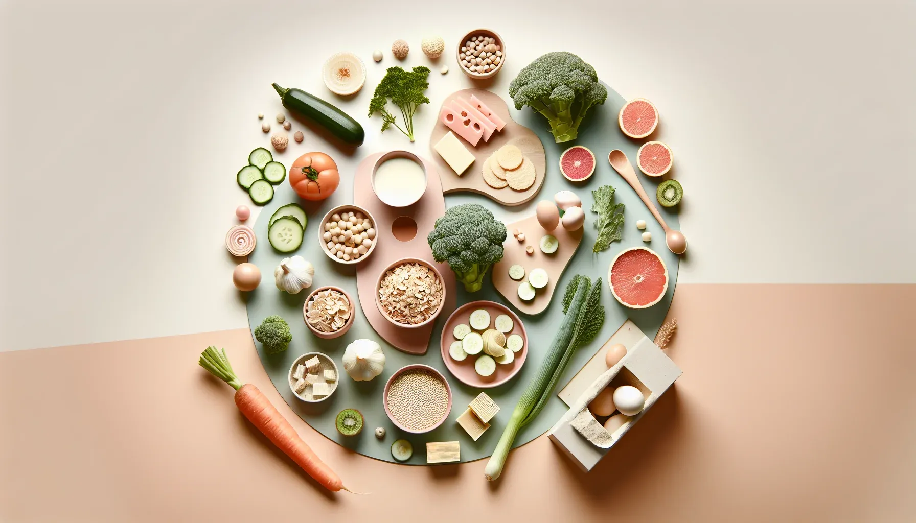 Das Bild zeigt eine ansprechende Anordnung verschiedener Gemüsearten und Zutaten. Brokkoli, Karotten, Zucchini und Grapefruit sind kunstvoll platziert. Die Farben sind frisch und einladend.