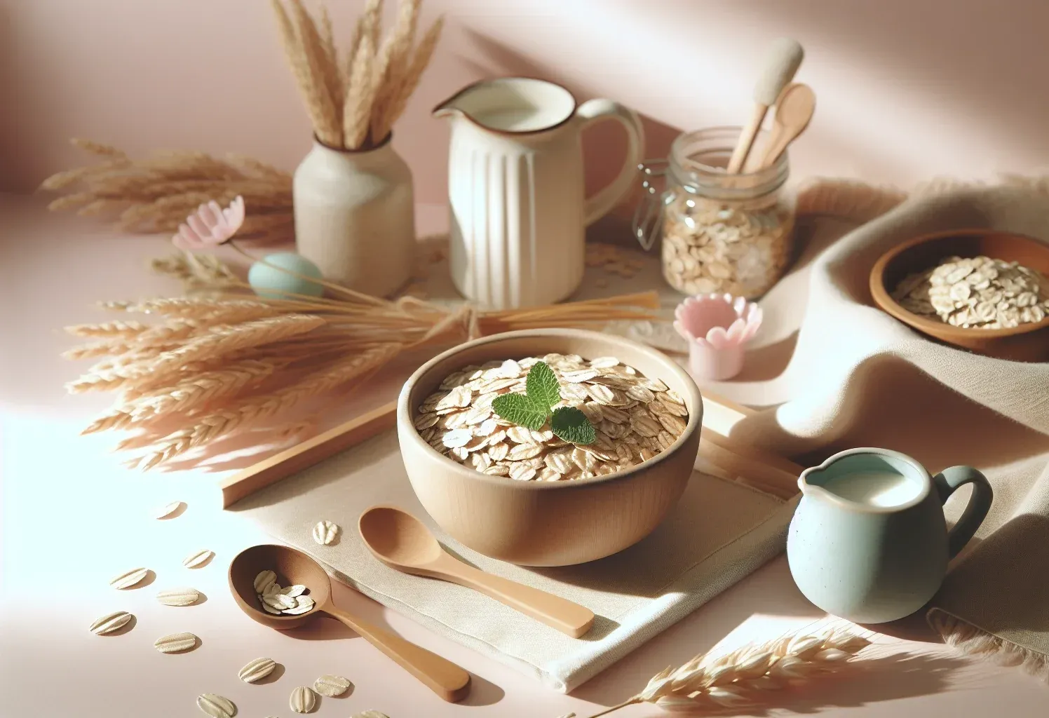 Das Bild zeigt eine ansprechende Anordnung von Haferflocken in einer Holzschüssel. Umgeben sind sie von dekorativen Elementen wie einer Kanne, einem Glas mit Haferflocken und Trockenblumen.
