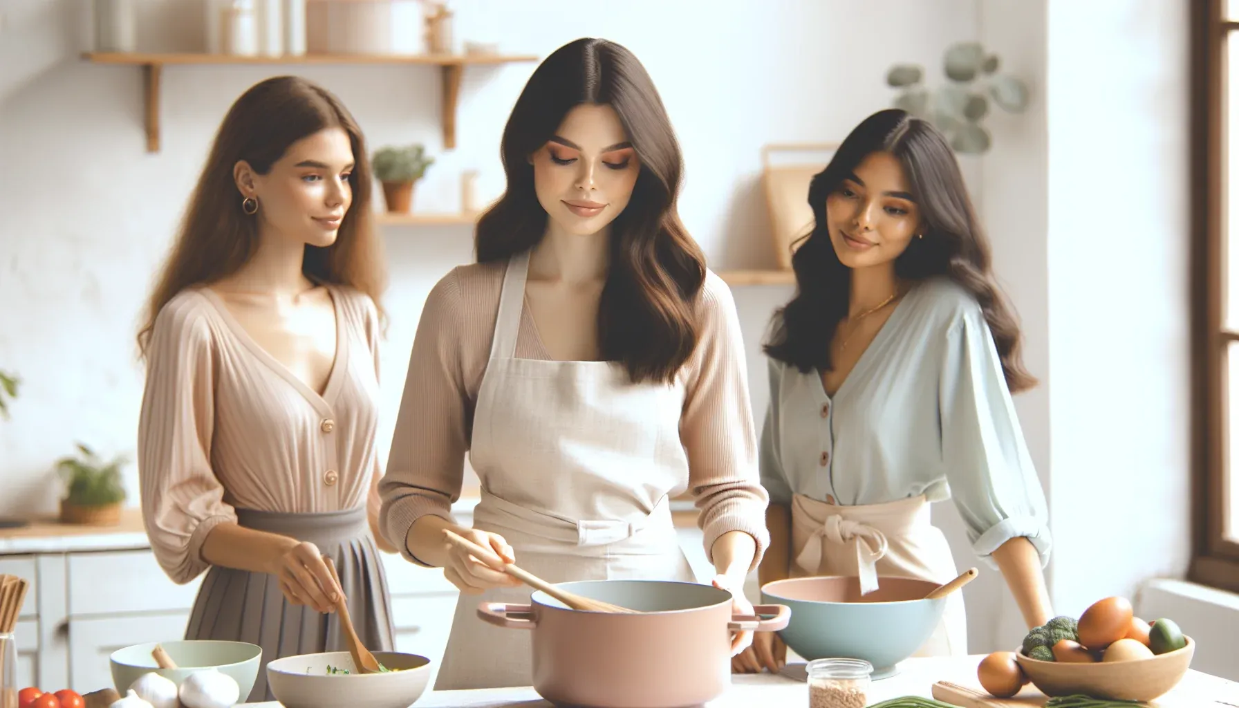 Eine junge Frau kocht in einer hellen, modernen Küche mit zwei Freundinnen. Sie trägt eine Schürze und rührt in einem Topf. Frisches Gemüse und Zutaten liegen auf der Arbeitsfläche.