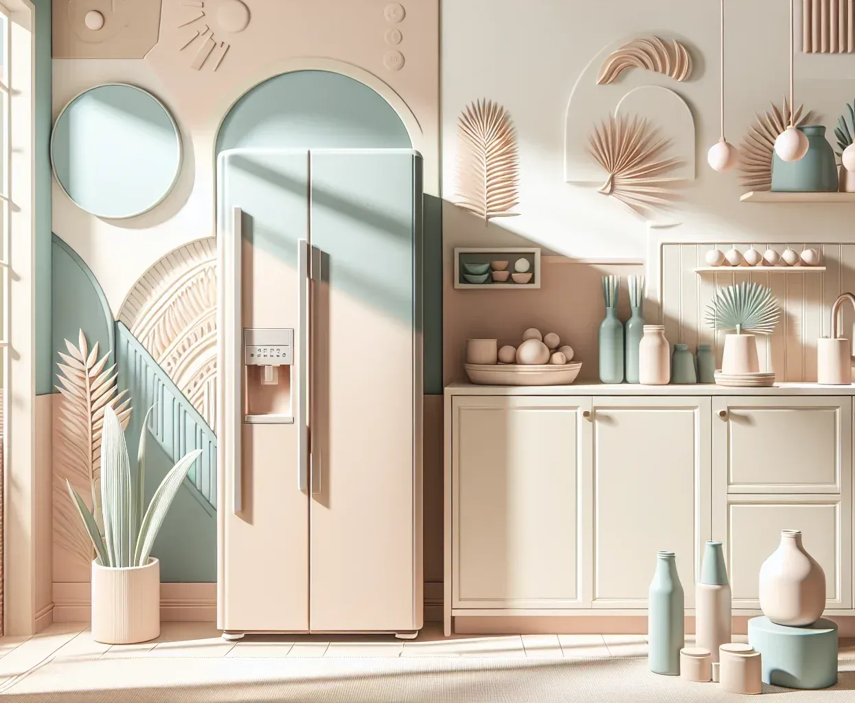 Das Bild zeigt einen modernen Kühlschrank in einem stilvollen Raum. Sanfte Pastellfarben und dekorative Pflanzen verleihen der Umgebung eine einladende Atmosphäre.