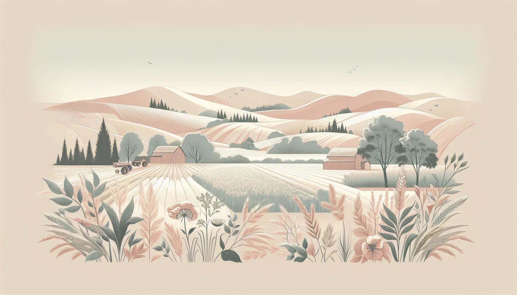 Das Bild zeigt eine idyllische Landschaft mit sanften Hügeln, Feldern und einem Traktor. Im Vordergrund sind verschiedene Pflanzen und Blumen abgebildet, die die ländliche Idylle unterstreichen.