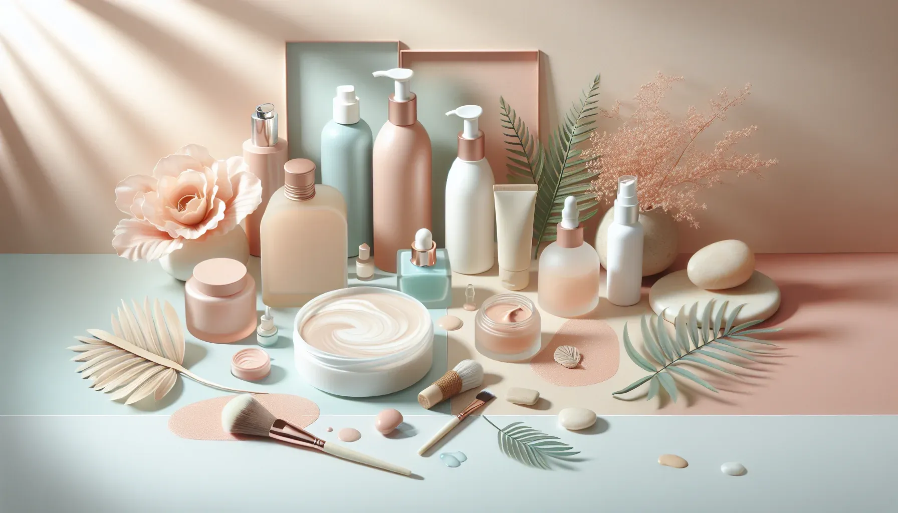 Das Bild zeigt eine ansprechende Anordnung von Naturkosmetikprodukten in sanften Pastellfarben. Verschiedene Flaschen, Tiegel und Pinsel sind harmonisch auf einem dekorativen Untergrund platziert.