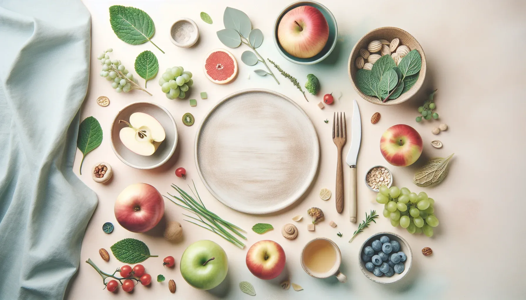 Das Bild zeigt eine ansprechende Anordnung von frischem Obst und Gemüse auf einem hellen Hintergrund. Äpfel, Trauben, Nüsse und Kräuter sind kunstvoll platziert, um eine gesunde Ernährung zu betonen.