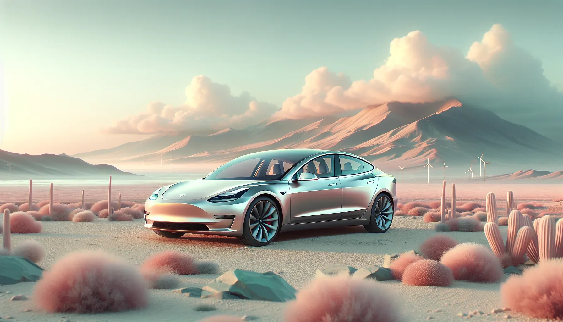 Das Bild zeigt ein silbernes Tesla Model 3 in einer surrealen Wüstenlandschaft. Im Hintergrund sind sanfte Hügel und Windkraftanlagen zu sehen, während rosa Pflanzen den Vordergrund zieren.
