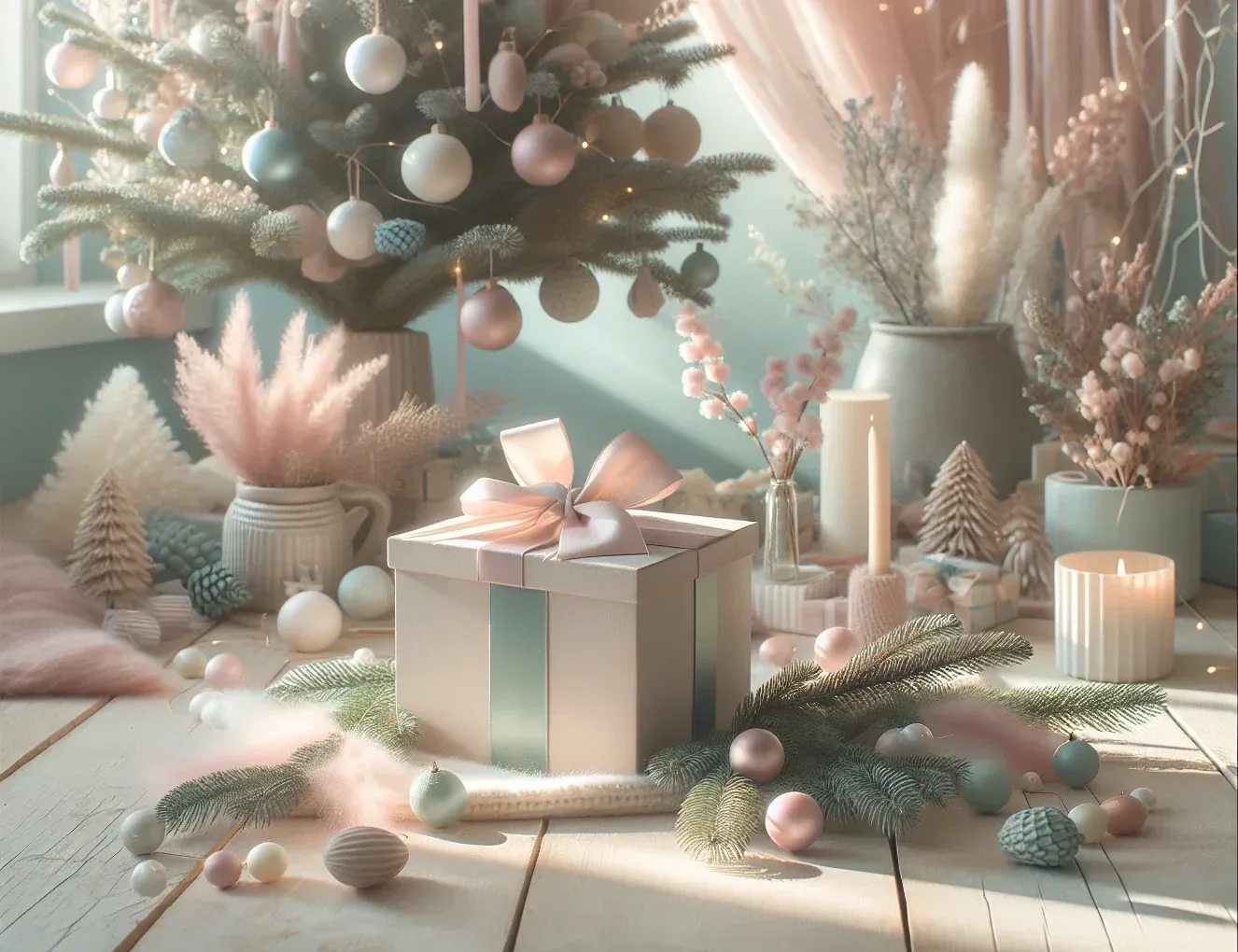 Das Bild zeigt ein festlich dekoriertes Zimmer mit einem Weihnachtsbaum, der mit bunten Kugeln geschmückt ist. Daneben sind nachhaltige Weihnachtsgeschenke.