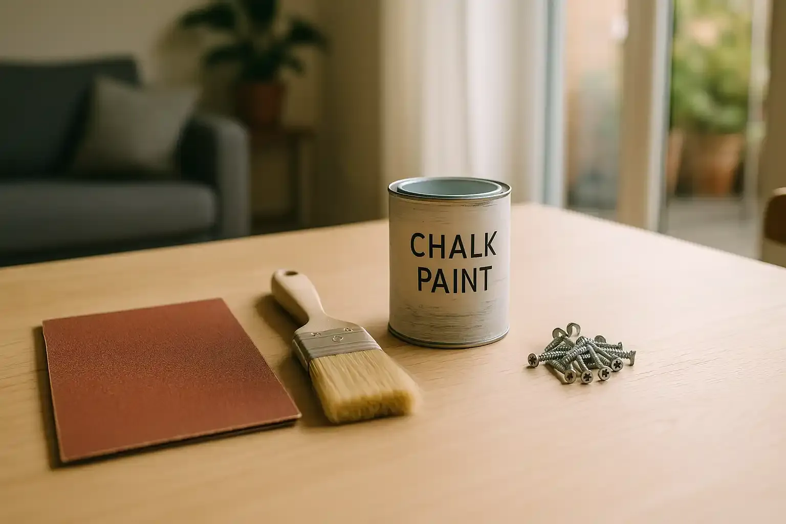 Auf einem hellen Holztisch liegen ordentlich angeordnetes Schleifpapier, ein Pinsel, Kreidefarbe und einige Schrauben. Die Szene ist in weichem, natürlichem Tageslicht aufgenommen, wodurch dezente Schatten entstehen. Der Hintergrund ist leicht unscharf und vermittelt den Eindruck einer modernen, aufgeräumten Umgebung, passend zum hochwertigen Editorial-Stil.