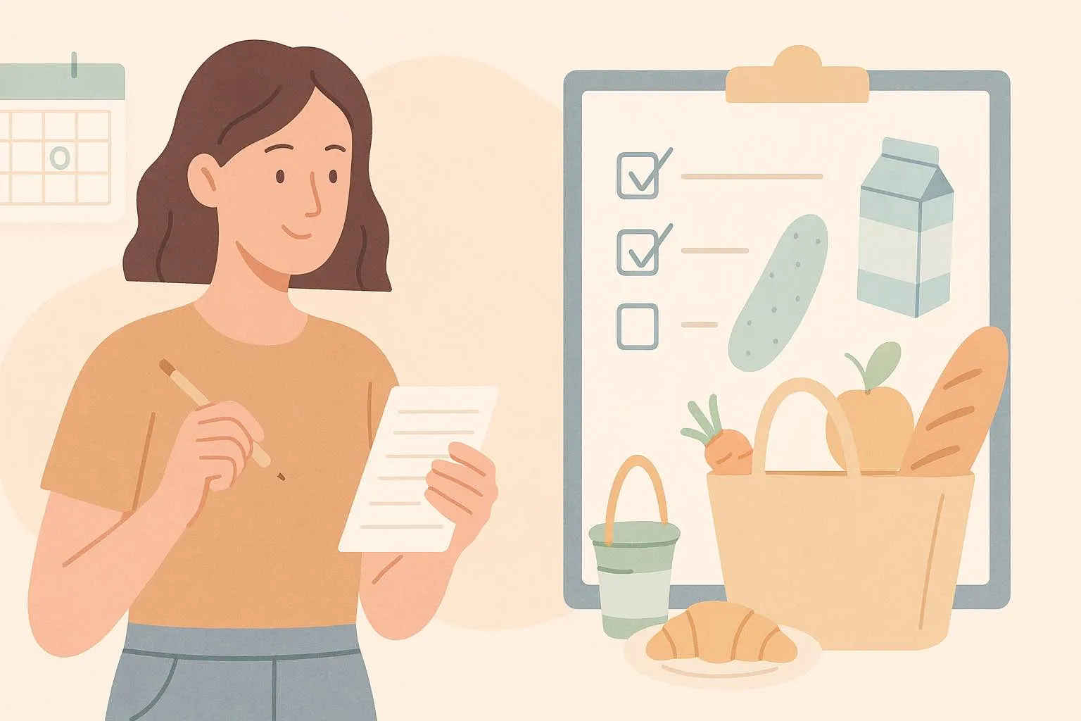 Pastellfarbene, minimalistische Illustration einer Frau, die eine Einkaufsliste schreibt. Neben ihr steht eine große Checkliste mit abgehakten Lebensmitteln sowie eine Einkaufstasche gefüllt mit Obst, Gemüse und Brot. Im Hintergrund hängt ein kleiner Kalender. Das Motiv visualisiert das Thema „Clevere Einkaufsplanung“ durch strukturierte Planung und bewusste Auswahl von Lebensmitteln.