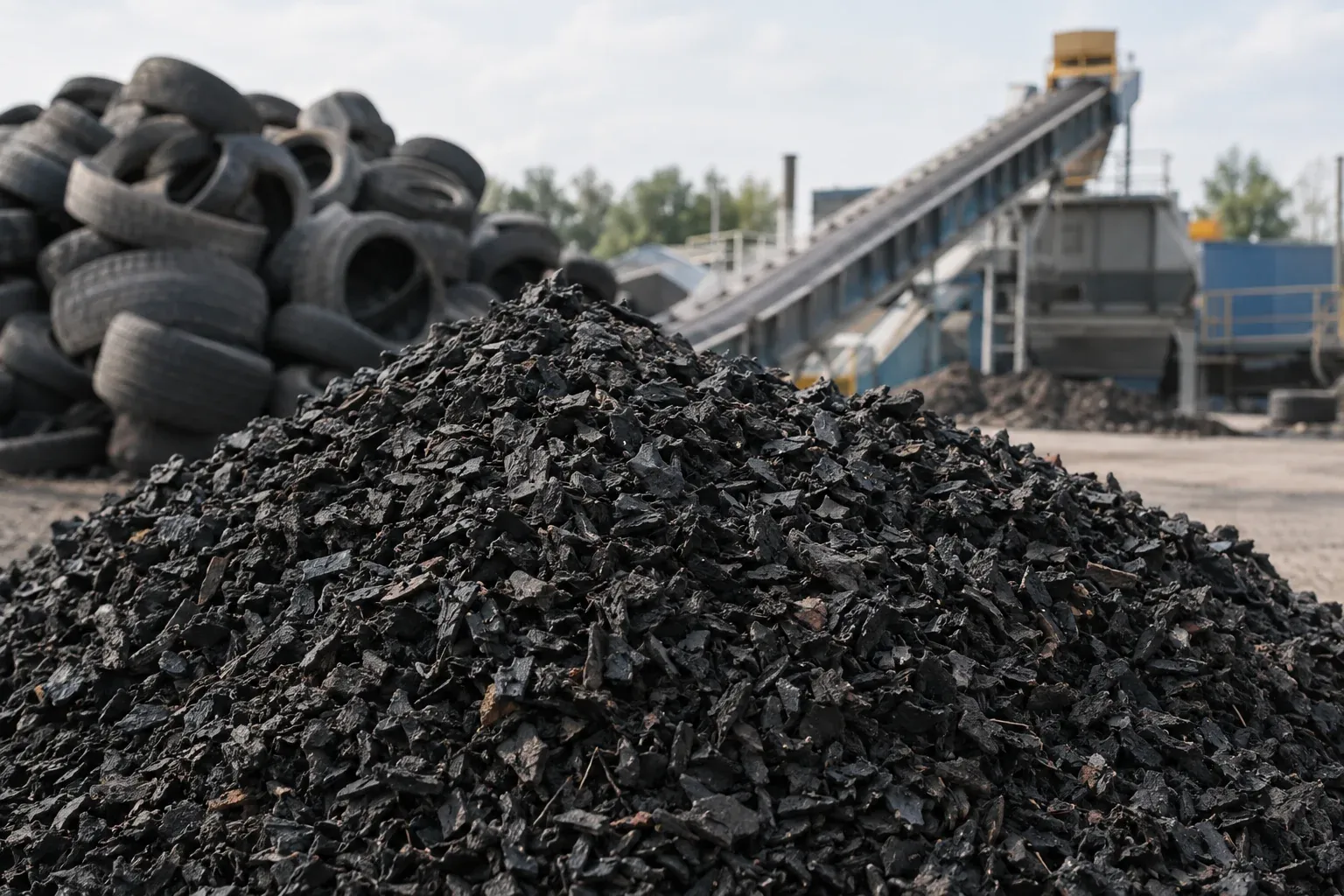 Zerkleinerte Altreifen als Gummigranulat auf einem Recyclinggelände