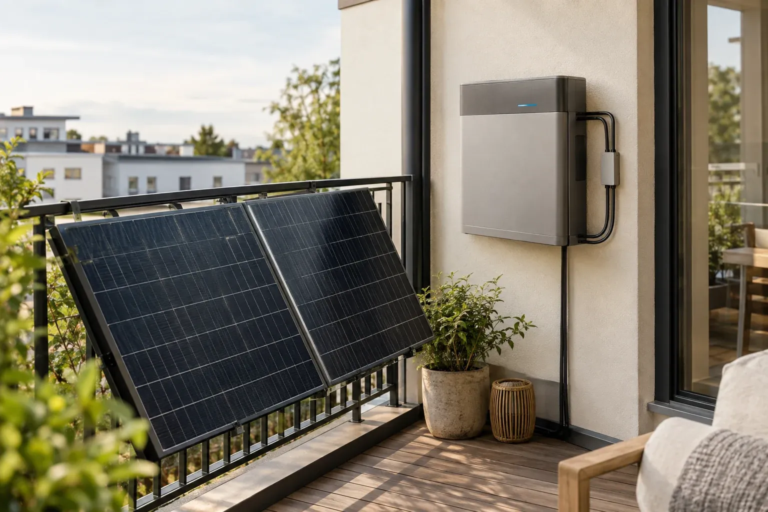 Balkonkraftwerk mit Speicher von Anker: Solarmodule am Balkon und Batteriespeicher an der Hauswand