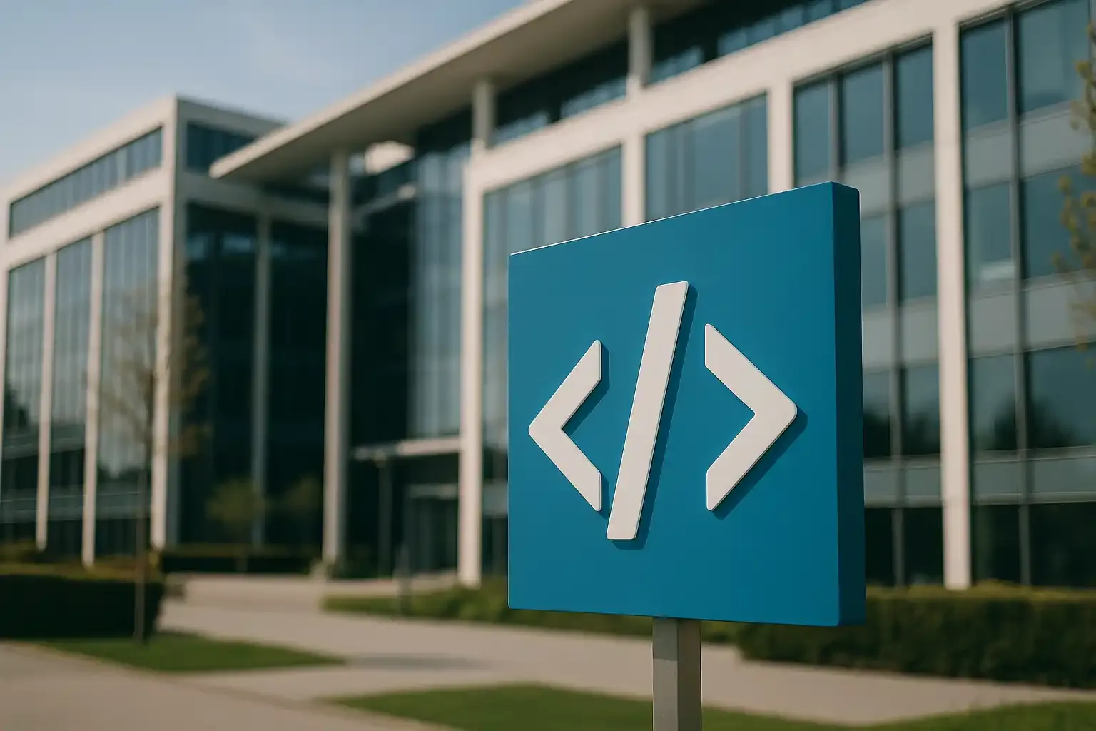 Modernes, fotorealistisches Querformat-Foto eines stilisierten Software-Symbols auf einem schlichten Schild im Vordergrund, aufgenommen vor einem modernen Bürogebäude mit Glasfassade. Natürliches, weiches Tageslicht mit sanften Schatten, leichte Tiefenunschärfe im Hintergrund, klare Linien und ruhige Farben im hochwertigen Editorial-Stil.