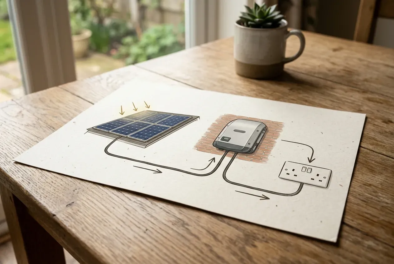 Schematische Darstellung des Energieflusses von Solarmodulen über den Wechselrichter zur Steckdose