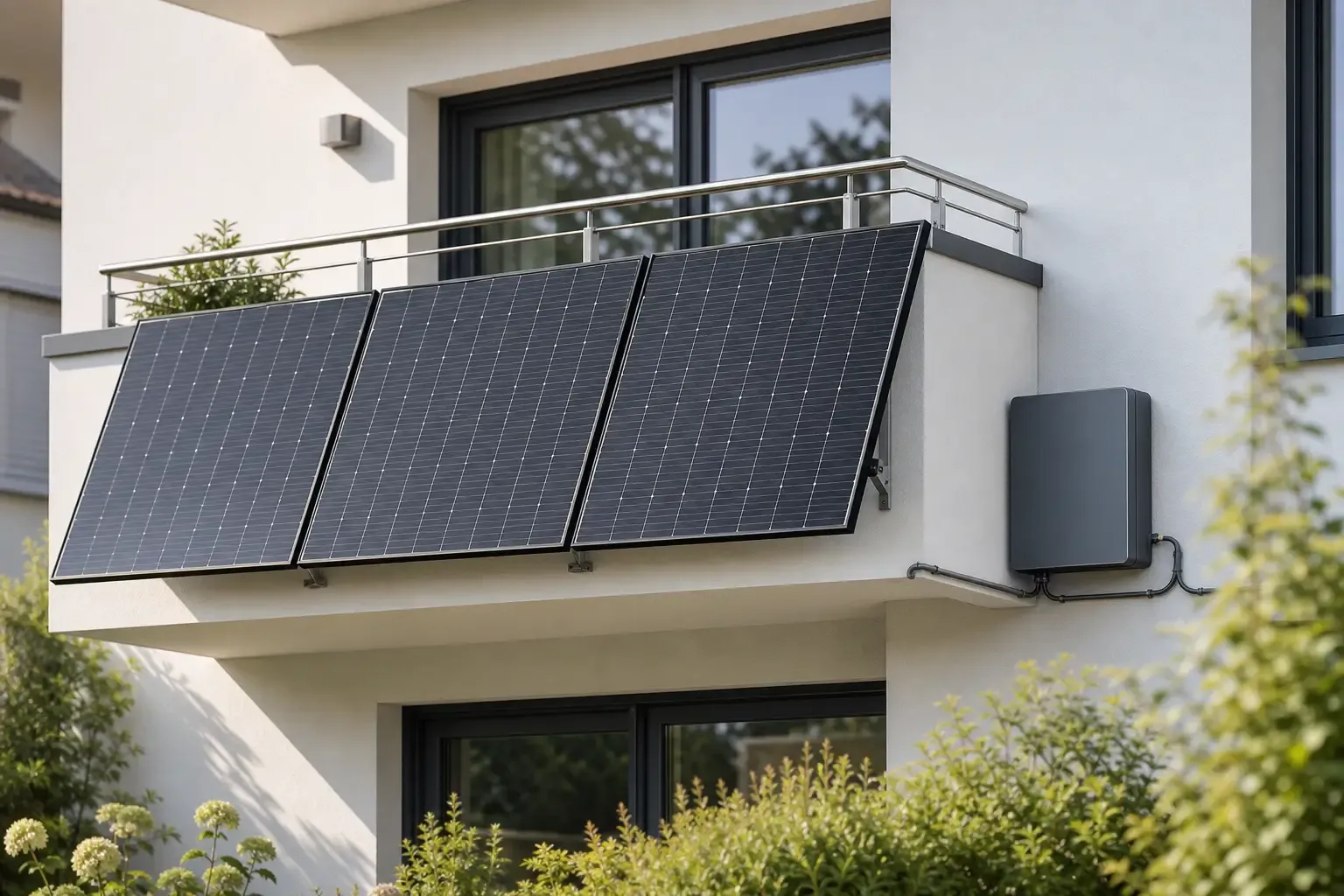 Balkonkraftwerk mit Speicher an einer Hausfassade mit drei Solarmodulen