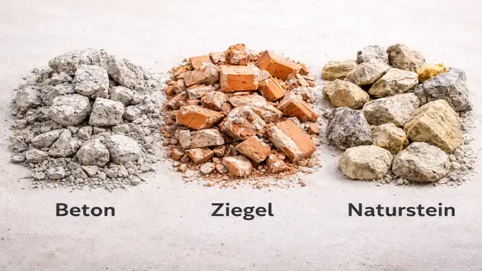 Übersichtliche Darstellung verschiedener Bauschutt-Arten nebeneinander: Beton, Ziegel und Naturstein mit deutlich unterscheidbaren Farben und Strukturen auf neutralem Hintergrund.