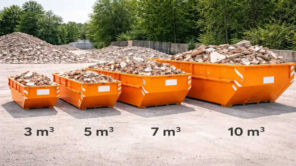 Bauschuttcontainer in verschiedenen Größen nebeneinander auf einem Recyclinghof, von kleinen bis großen Containern zur Entsorgung von Bauschutt.