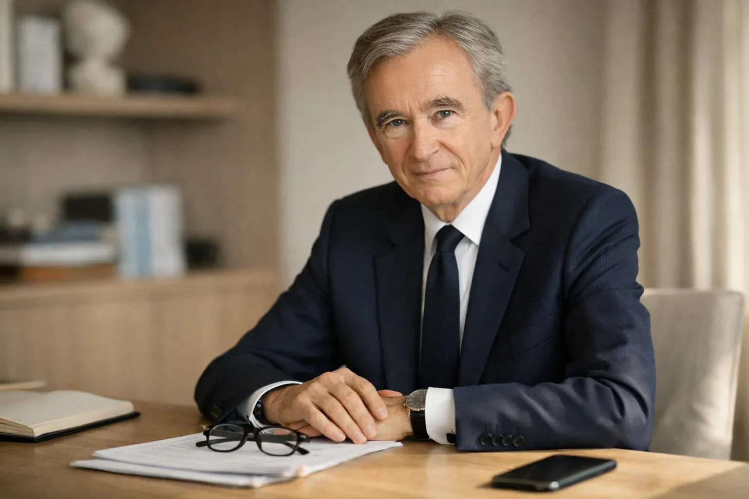 Bernard Arnault Vermögen: Porträt des LVMH-CEO im Anzug am Schreibtisch mit Dokumenten, Smartphone und Brille – Symbol für seinen wirtschaftlichen Erfolg und Einfluss in der Luxusbranche.