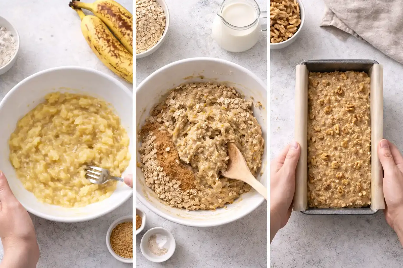 Collage aus mehreren Bildern zeigt nacheinander das Zerdrücken von Bananen, das Mischen des Teigs und das Einfüllen der Masse in eine Kastenform.