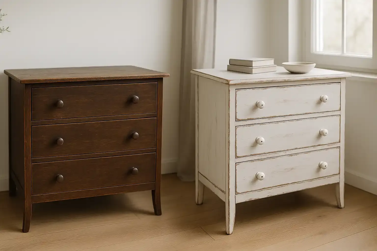 Zwei Kommoden stehen nebeneinander in einem hellen, aufgeräumten Raum. Links eine alte, dunkelbraune, abgenutzte Holzkommode; rechts die restaurierte Version im weißen Shabby-Chic-Stil mit leicht freigelegten Kanten und neuen weißen Keramikgriffen. Natürliches Tageslicht fällt durch ein großes Fenster ein und erzeugt weiche Schatten vor neutralem Hintergrund.