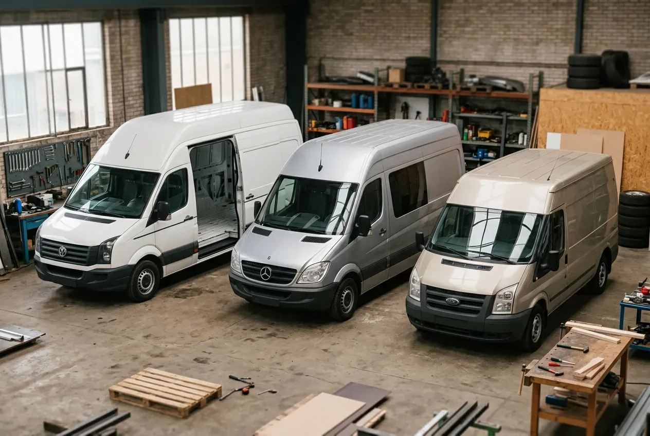 Verschiedene Basisfahrzeuge für den Camper Ausbau in einer Werkstatt