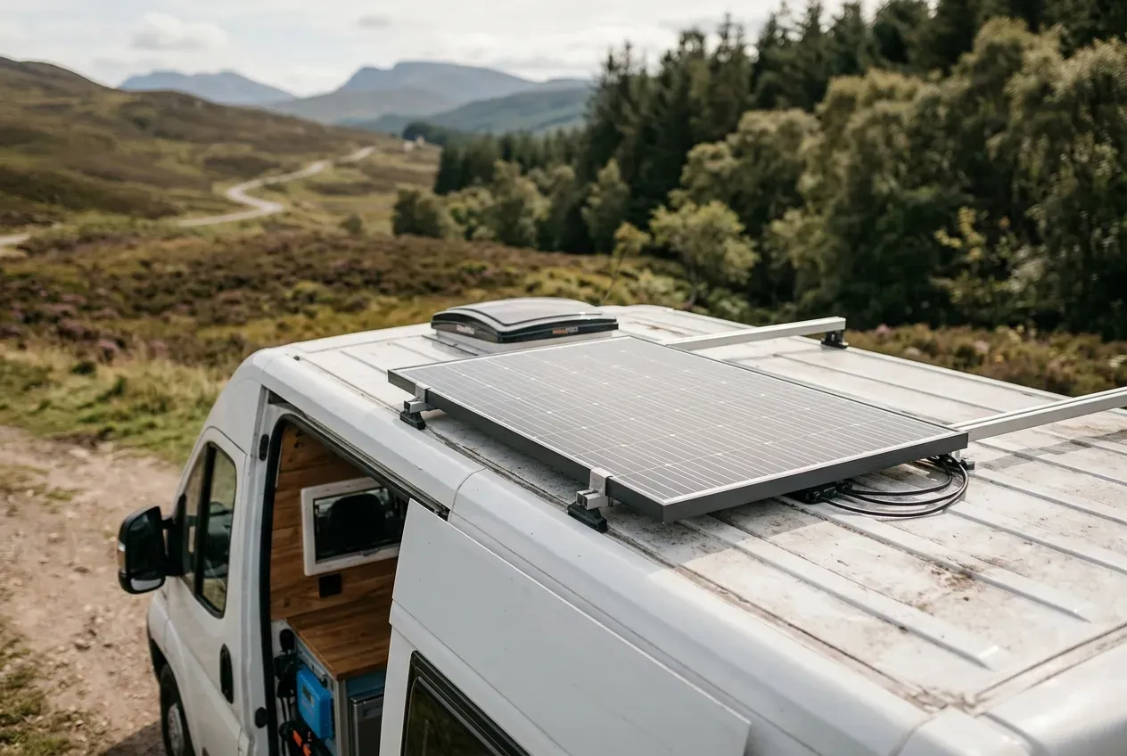 Solarpanel auf dem Dach eines selbst ausgebauten Campers