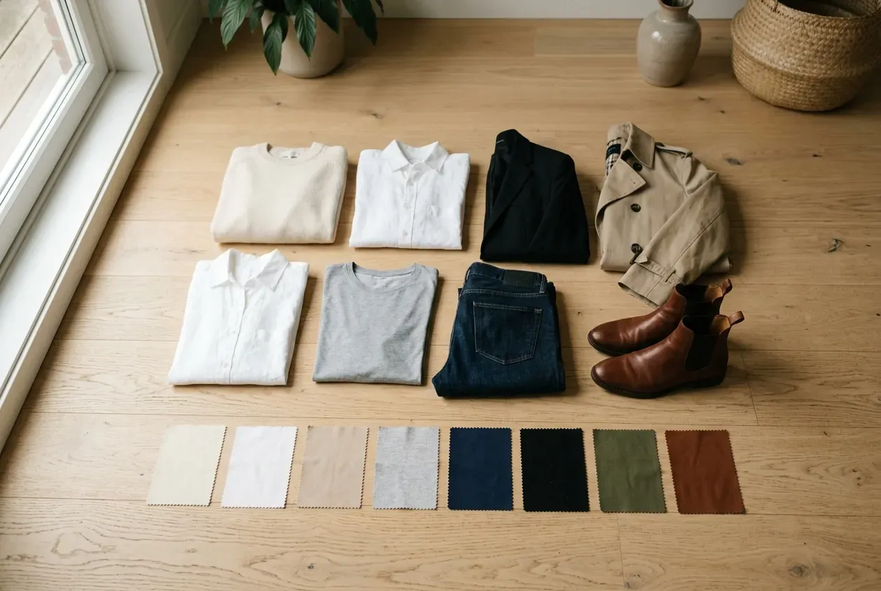Capsule Wardrobe Basics und Farbpalette auf hellem Holzboden ausgelegt