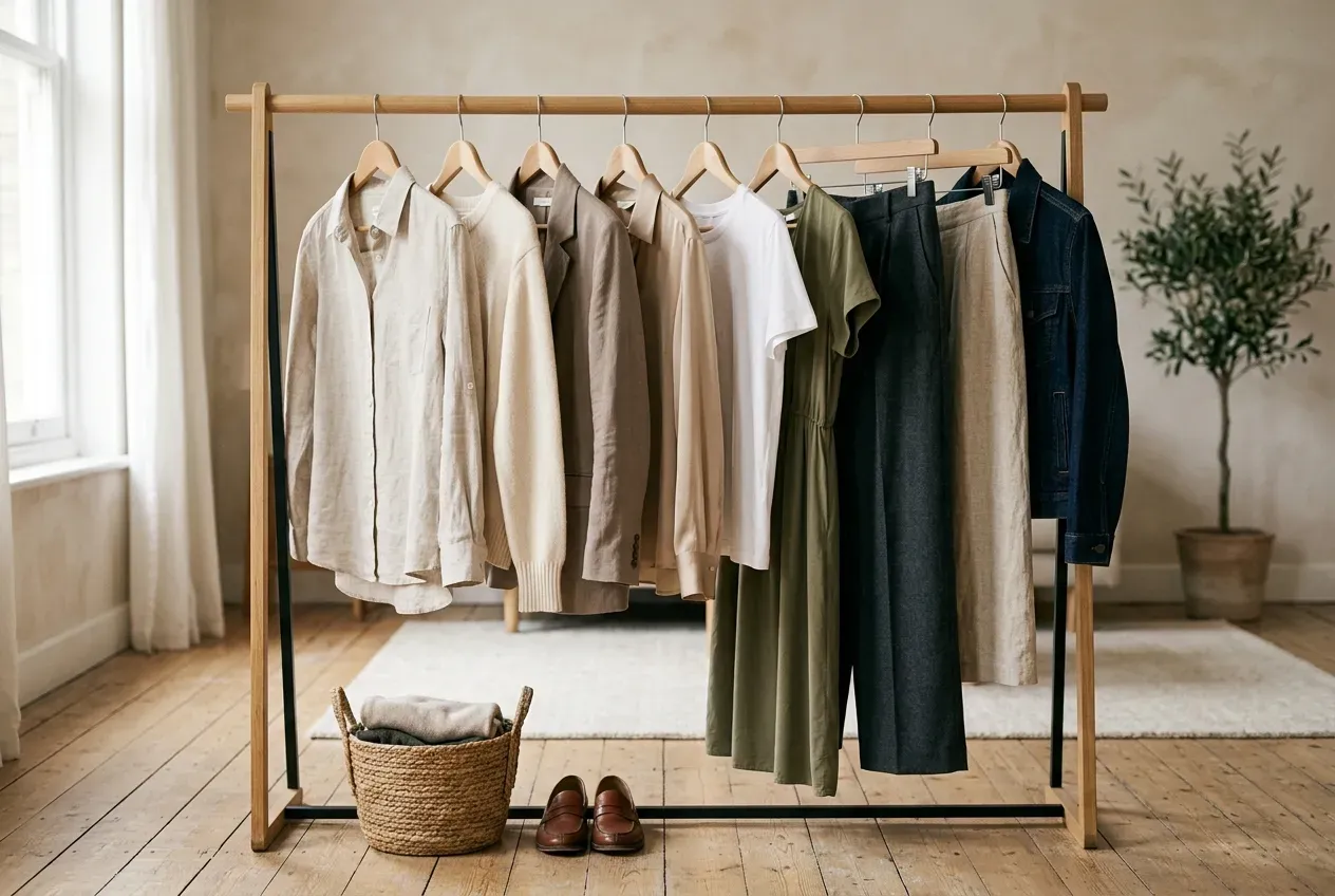 Nachhaltige Mode und Capsule Wardrobe Outfits auf Kleiderstange