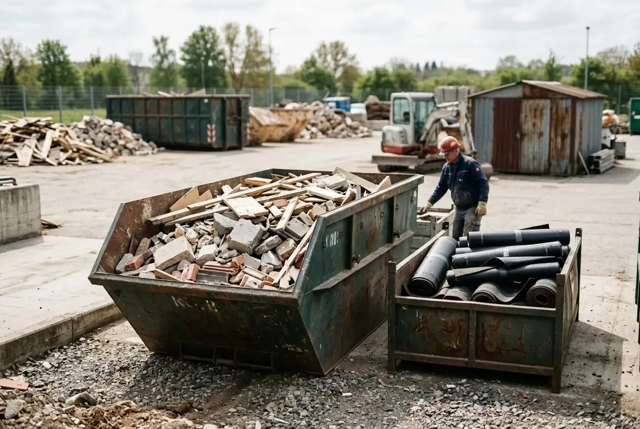 Wertstoffhof mit Container für Bauabfälle und Dachpappe