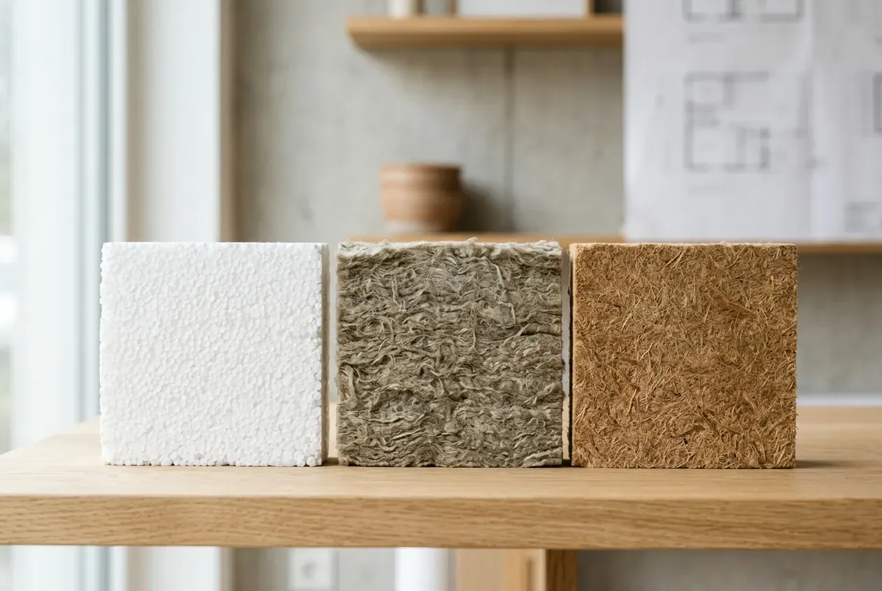Verschiedene Dämmmaterialien im Vergleich – EPS, Steinwolle und Holzfaserplatten nebeneinander