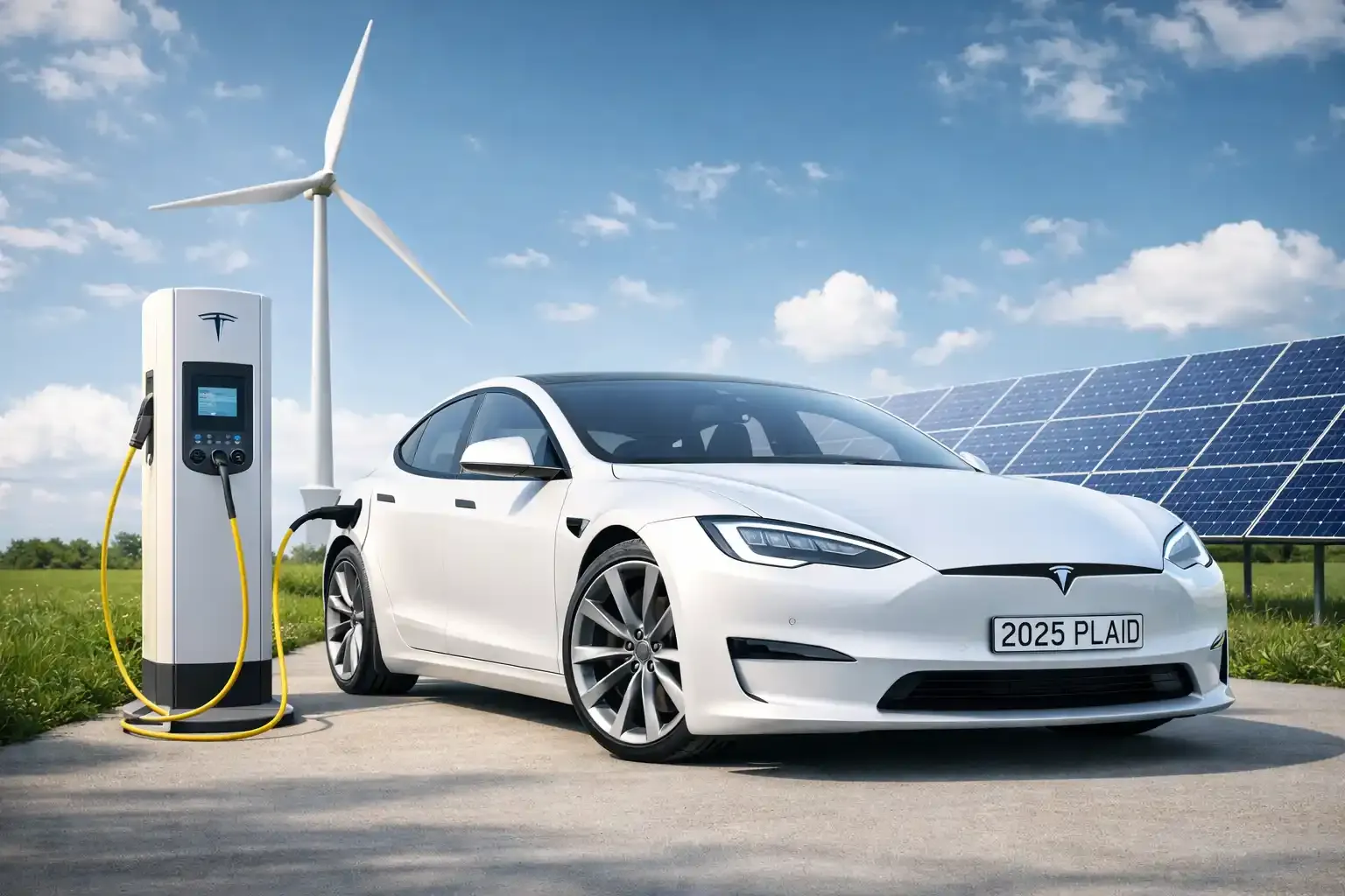 Ein weißes Elektroauto steht auf einer befestigten Fläche an einer Ladestation, an der ein Ladekabel angeschlossen ist. Hinter dem Fahrzeug befinden sich ein Windrad sowie mehrere schräg aufgestellte Solarpaneele auf einer Grünfläche. Der Himmel ist blau mit vereinzelten Wolken, die Umgebung wirkt offen und ländlich.